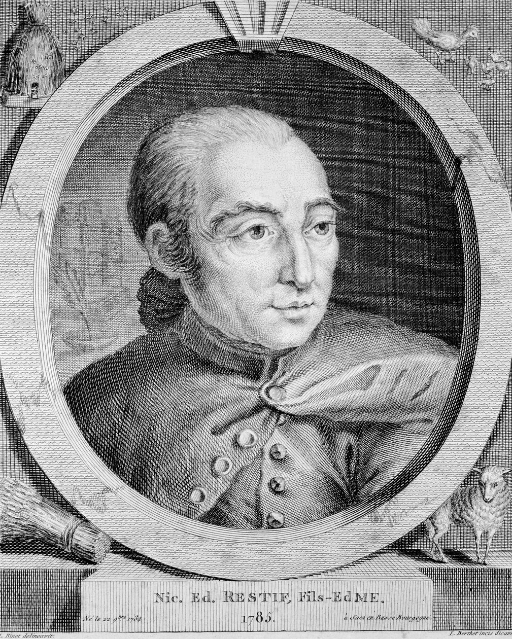 Porträtt av Nicolas Edme Restif de La Bretonne (1734-1806) (även Retif de La Bretone) - av Binet, gravyr av Louis (after) Binet