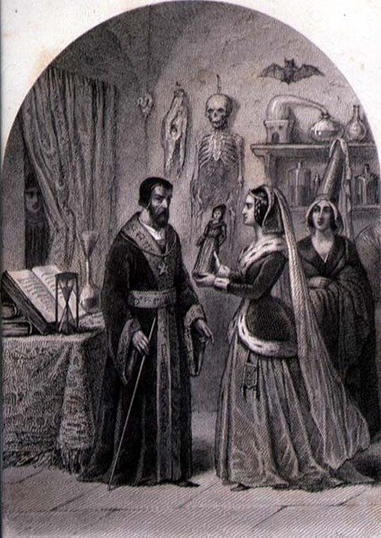 En kund besöker en trollkarl, graverad av Philibert Langlois (fl.c.1834-9) (gravyr) av Louis (after) Marckl