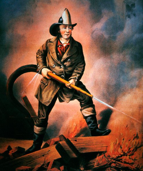 The American Fireman: Facing the Enemy, publicerad av Currier & Ives av Louis (after) Maurer