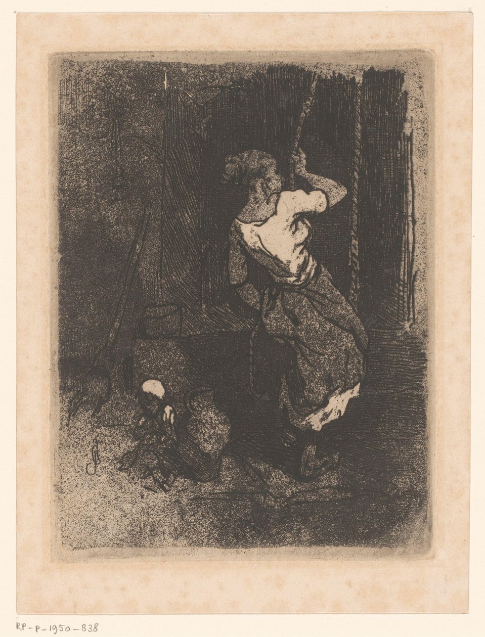 En kvinna hämtar vatten från en brunn, ett sittande barn bredvid sig av Louis Adolphe Hervier (attributed to)
