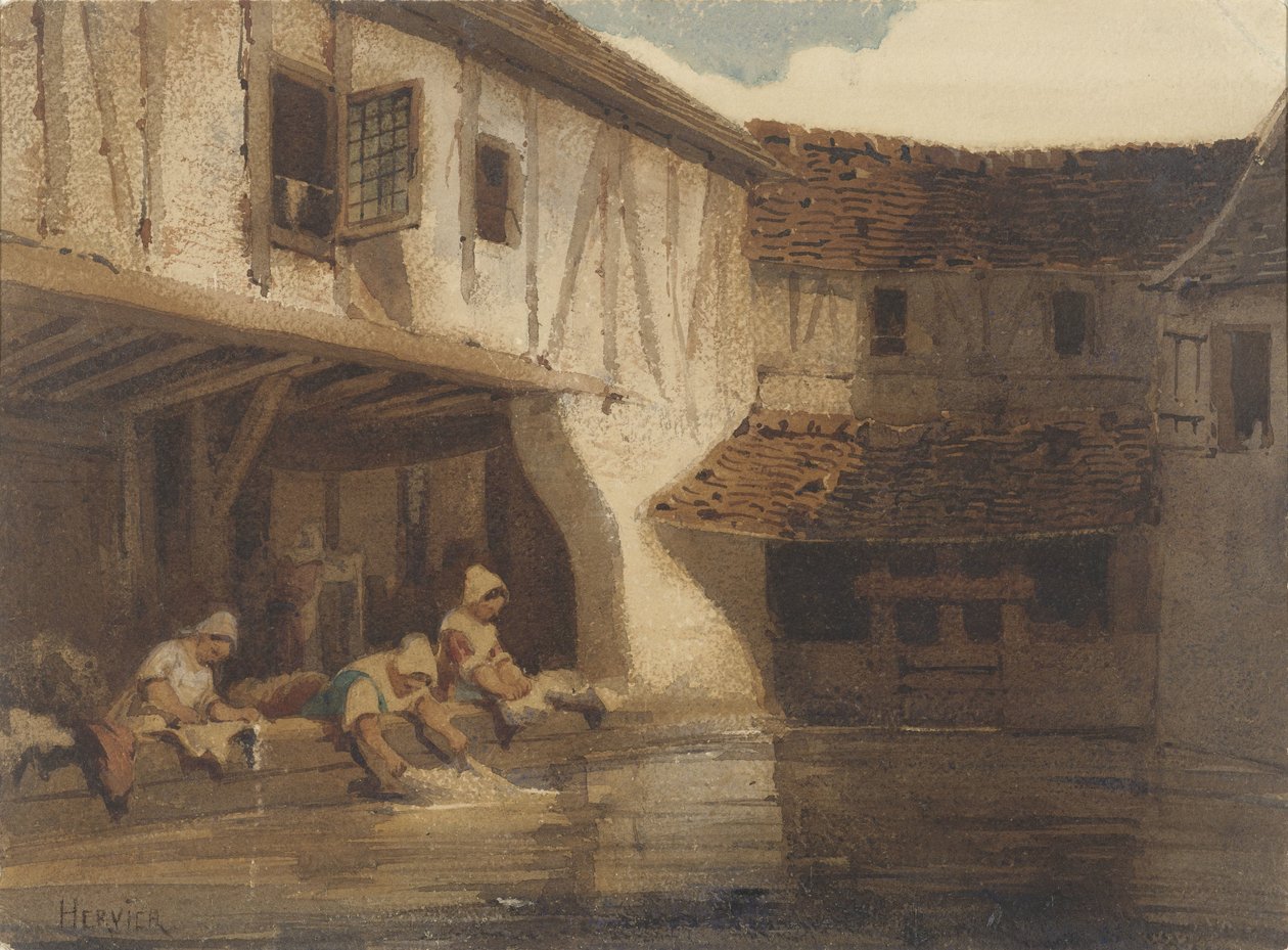 Kvinnor tvättar i en öppen hall i ett bostadskomplex på vattnet av Louis Adolphe Hervier (signed by artist)