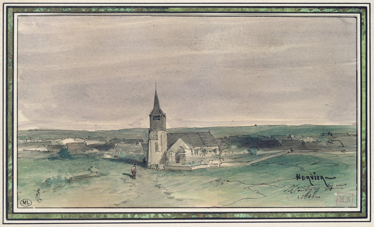 Kyrka och by i mitten av ett fält, Montigny, 1866 (penna och bläck och wc på papper) av Louis Adolphe Hervier