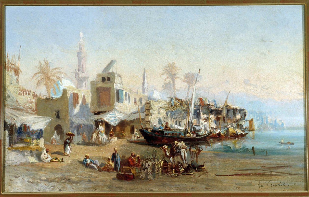 Fiskare och moskéer i hamnen i Boulack i Egypten Målning av Amable Louis Crapelet (1822-1867) Sön. 41x64 cm Obligatoriskt omnämnande: Regards de Provence foundation collection, Marseille av Louis Amable Crapelet