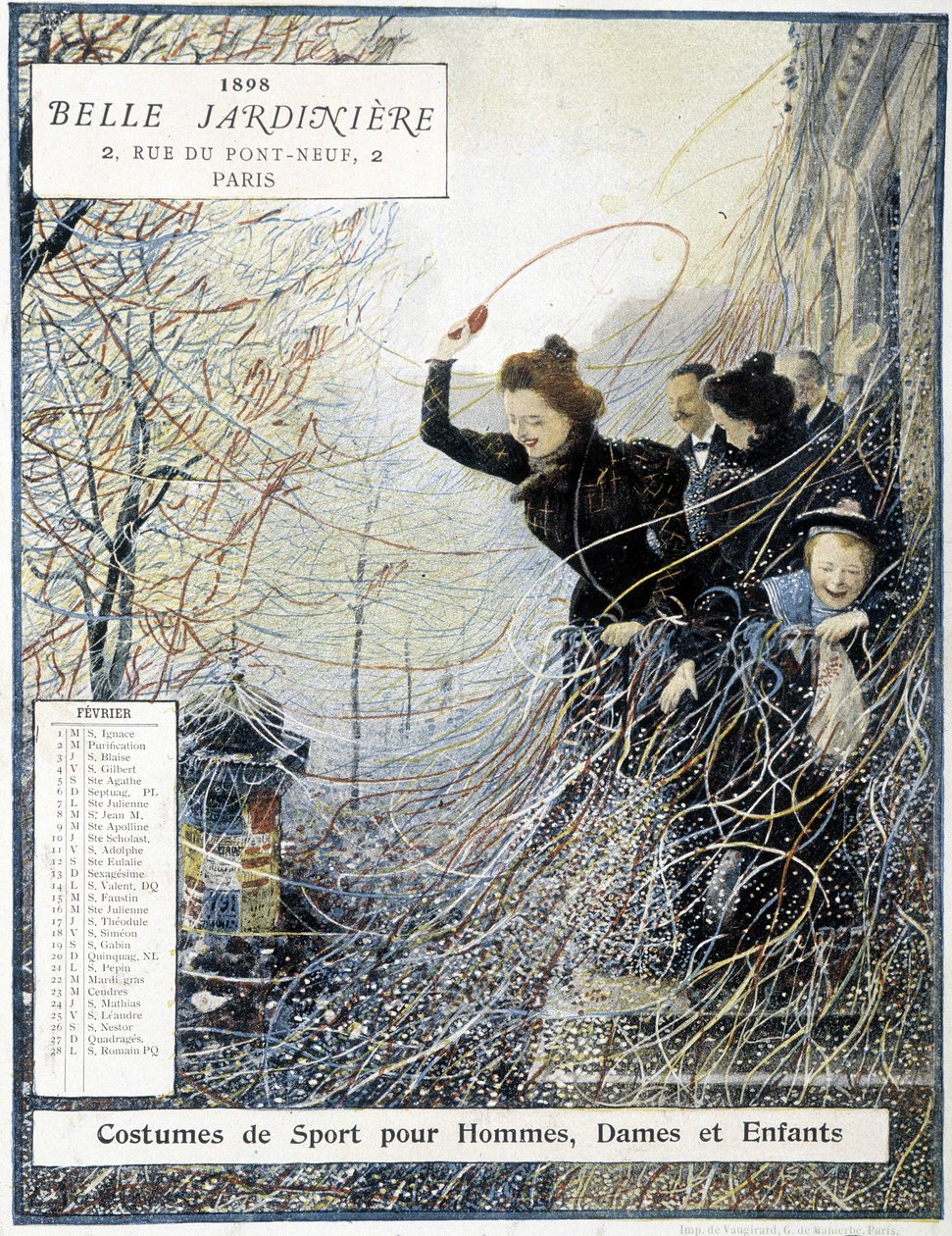 Februari: karnevalen "" Mardi Gras"" - butikskalender "" La Belle Jardinière"" av Louis Anet Sabatier