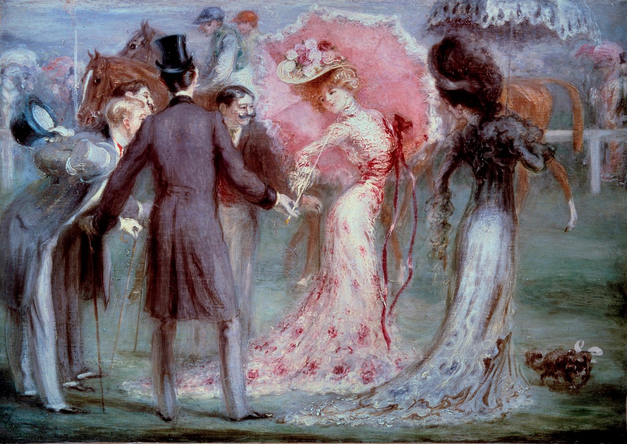 Bra tid: "" Vägning"" Män som undersöker unga kvinnor med insisterande på hästkapplöpning. Målning av Louis Anquetin (1861-1932), privat samling från 1900-talet av Louis Anquetin
