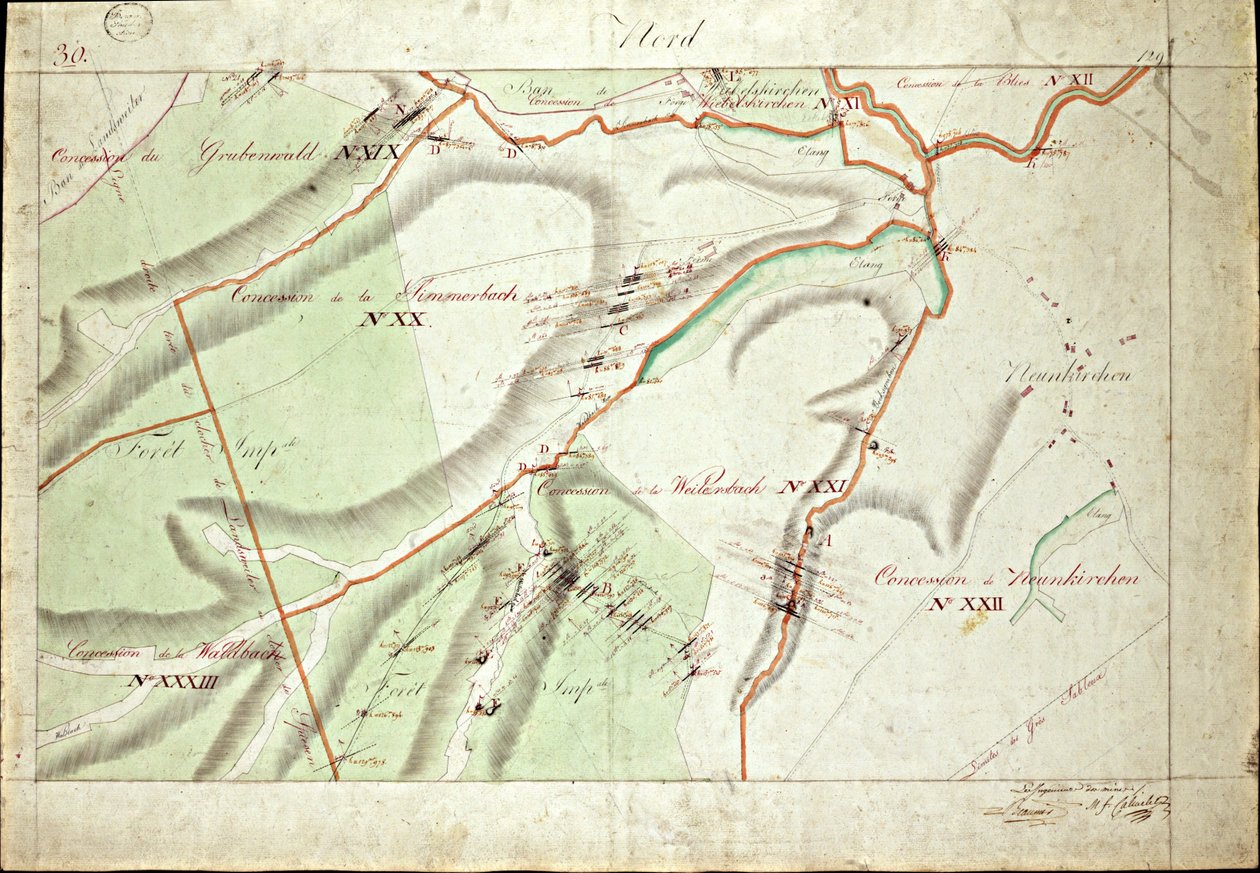 Atlas över kolmarkens eftergifter i Saar av fru Beaunier & Calmelet, ingenjörer i gruvkåren. av Louis Antoine Beaunier