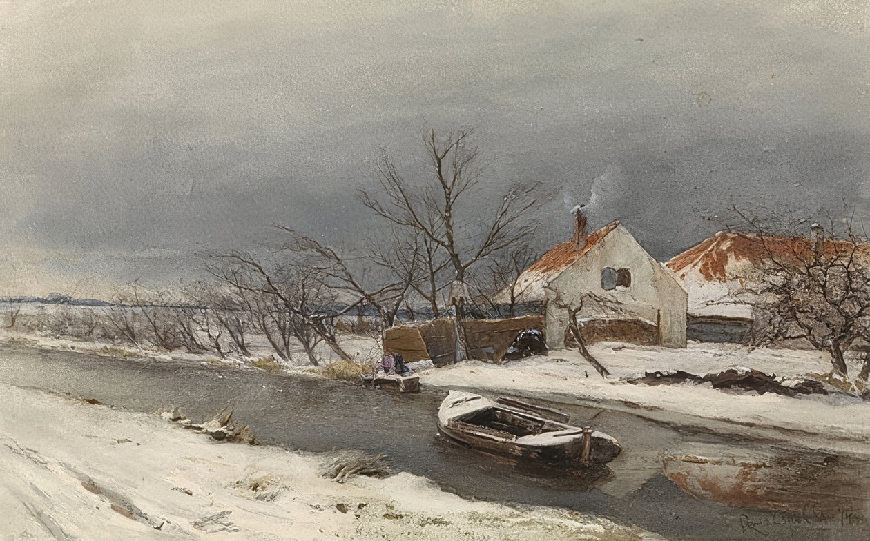 Winterlandschaft mit Häusern und einem Kanal (Vinterlandskap med hus vid en kanal). 1874 av Louis Apol