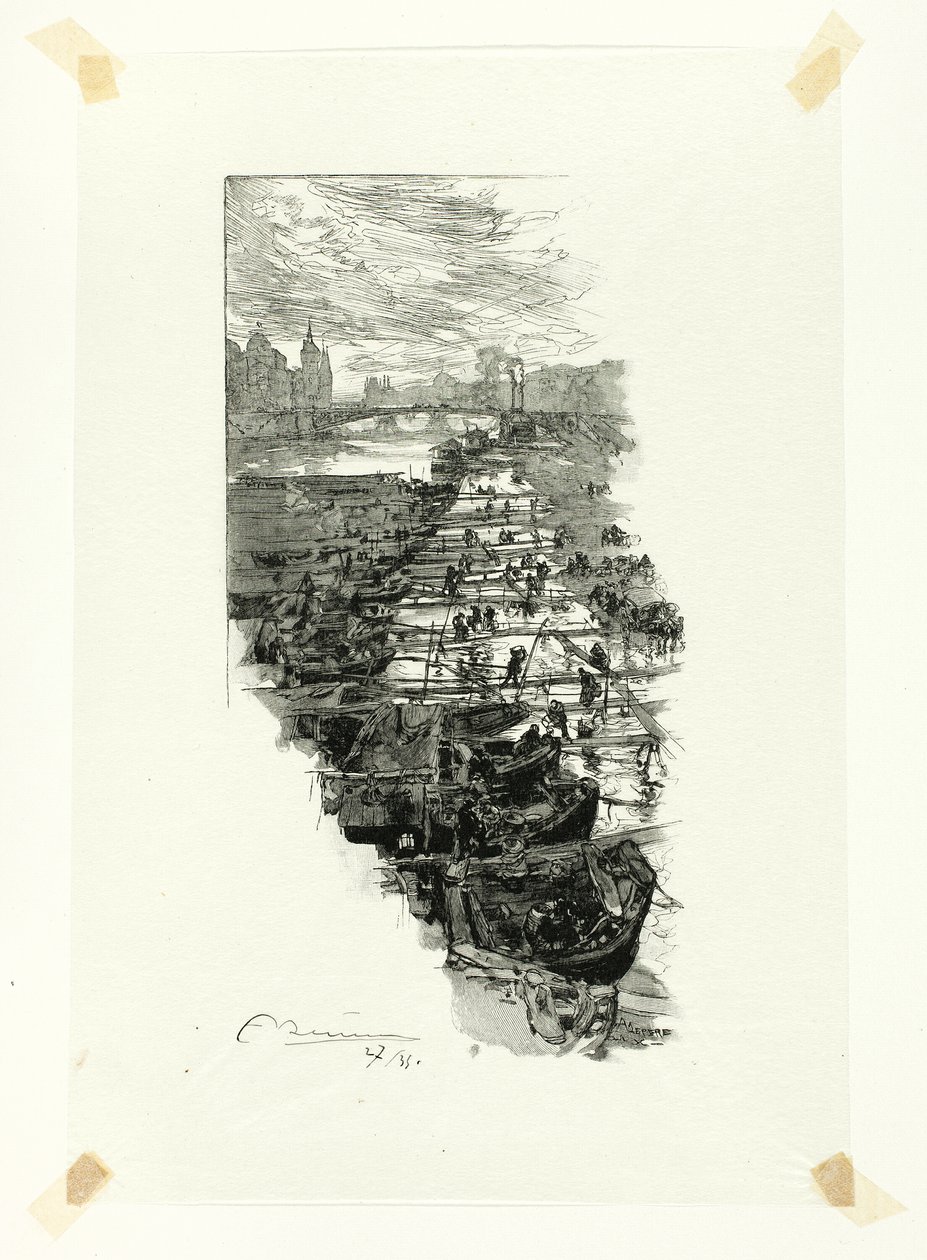 Apple Market, sett från Pont Louis-Philippe, plansch sju från Le Long de la Seine et des Boulevards av Louis Auguste Lepère