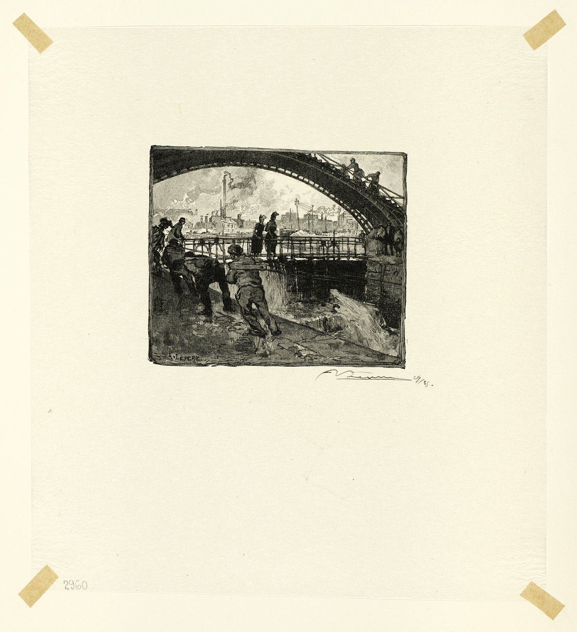 Slussen i Canal Saint-Martin, plansch sex från Le Long de la Seine et des Boulevards av Louis Auguste Lepère