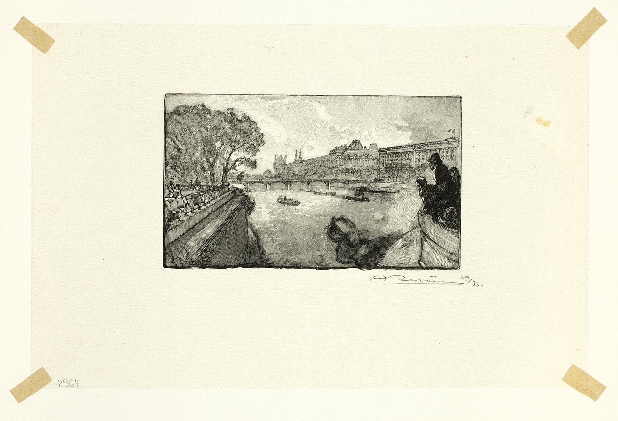 Louvren, sedd från Pont-Neuf, plansch tretton från Le Long de la Seine et des Boulevards av Louis Auguste Lepère