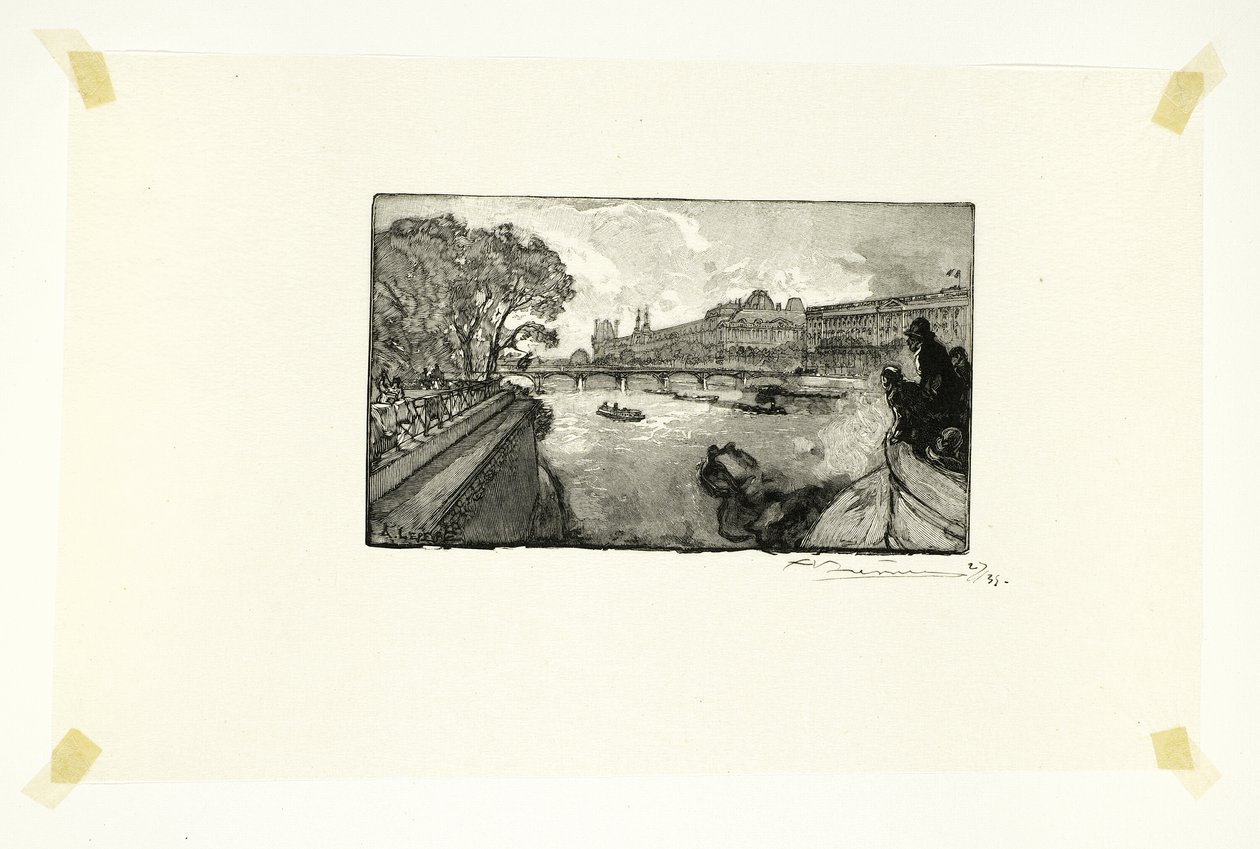 Louvren, sedd från Pont-Neuf, plansch tretton från Le Long de la Seine et des Boulevards av Louis Auguste Lepère