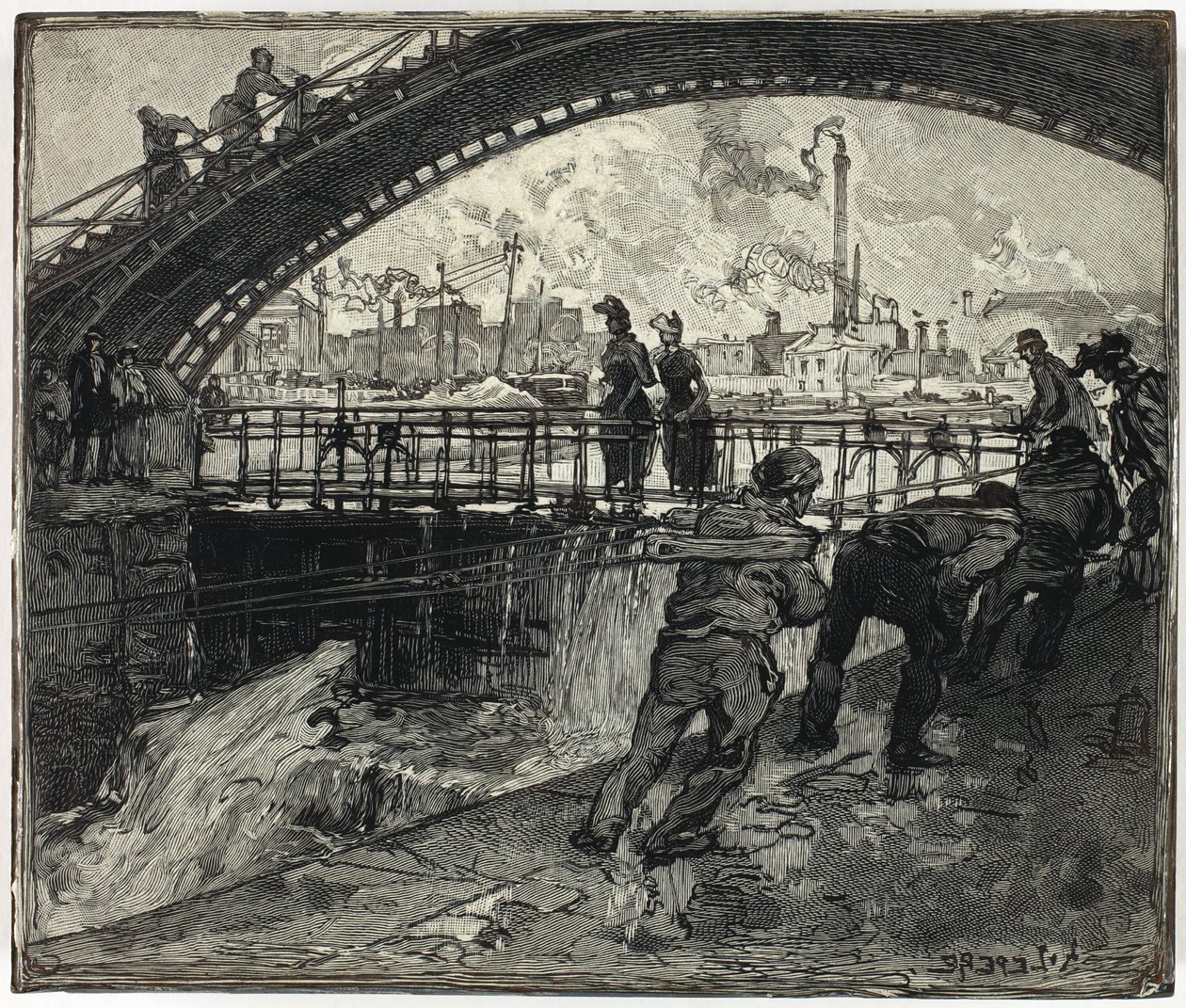Träsnitt för Sluss i Canal Saint-Martin av Louis Auguste Lepère