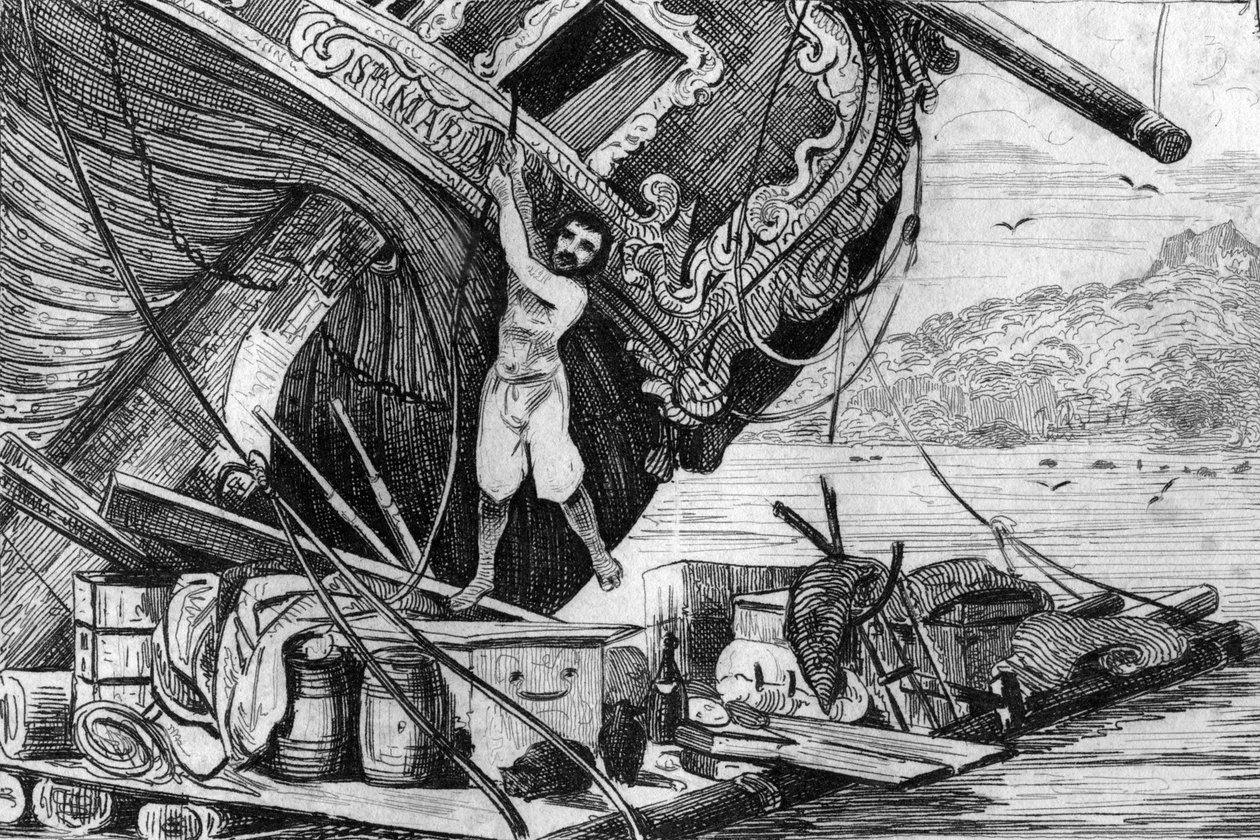 Jag steg ner på min flotte och sedan satte jag mig till sjöss... gravyr efter ritningen av M. de Sainson för boken av Daniel Defoe (De foe) Robinson Crusoe” fransk upplaga av 1837. av Louis Auguste de Sainson