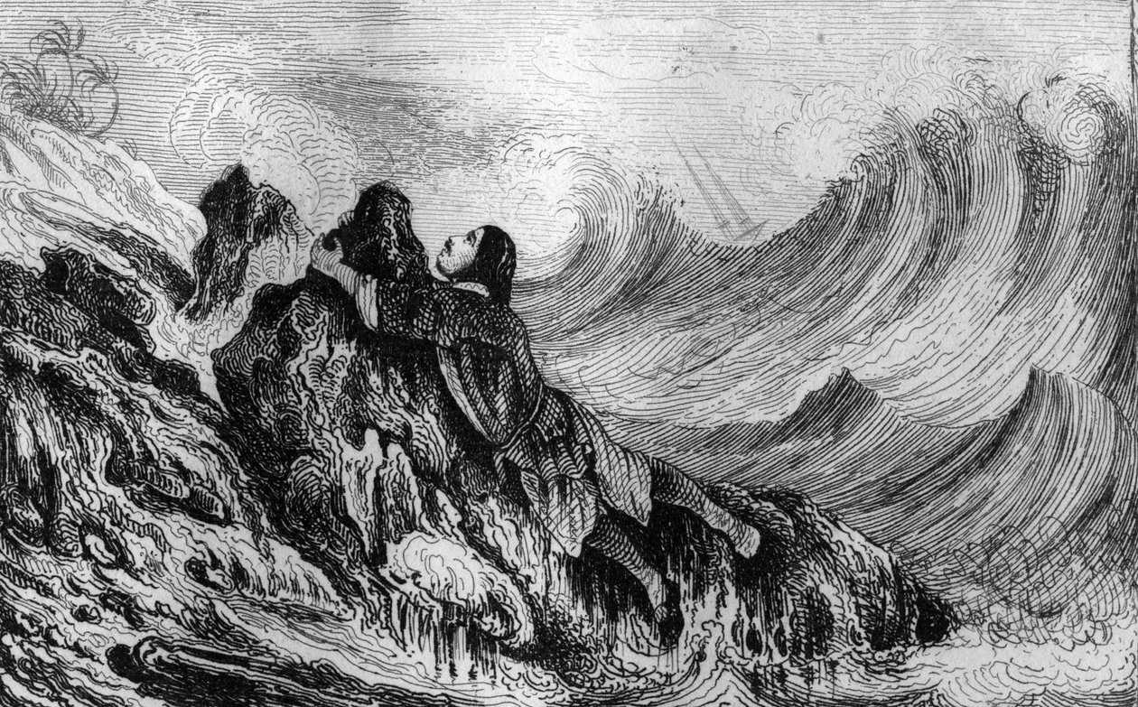 Jag bestämde mig för att fästa mig vid en klipppunkt... gravyr efter M. de Sainsons teckning för Daniel Defoes bok (De foe) "Robinson Crusoe"" fransk upplaga från 1837. av Louis Auguste de Sainson