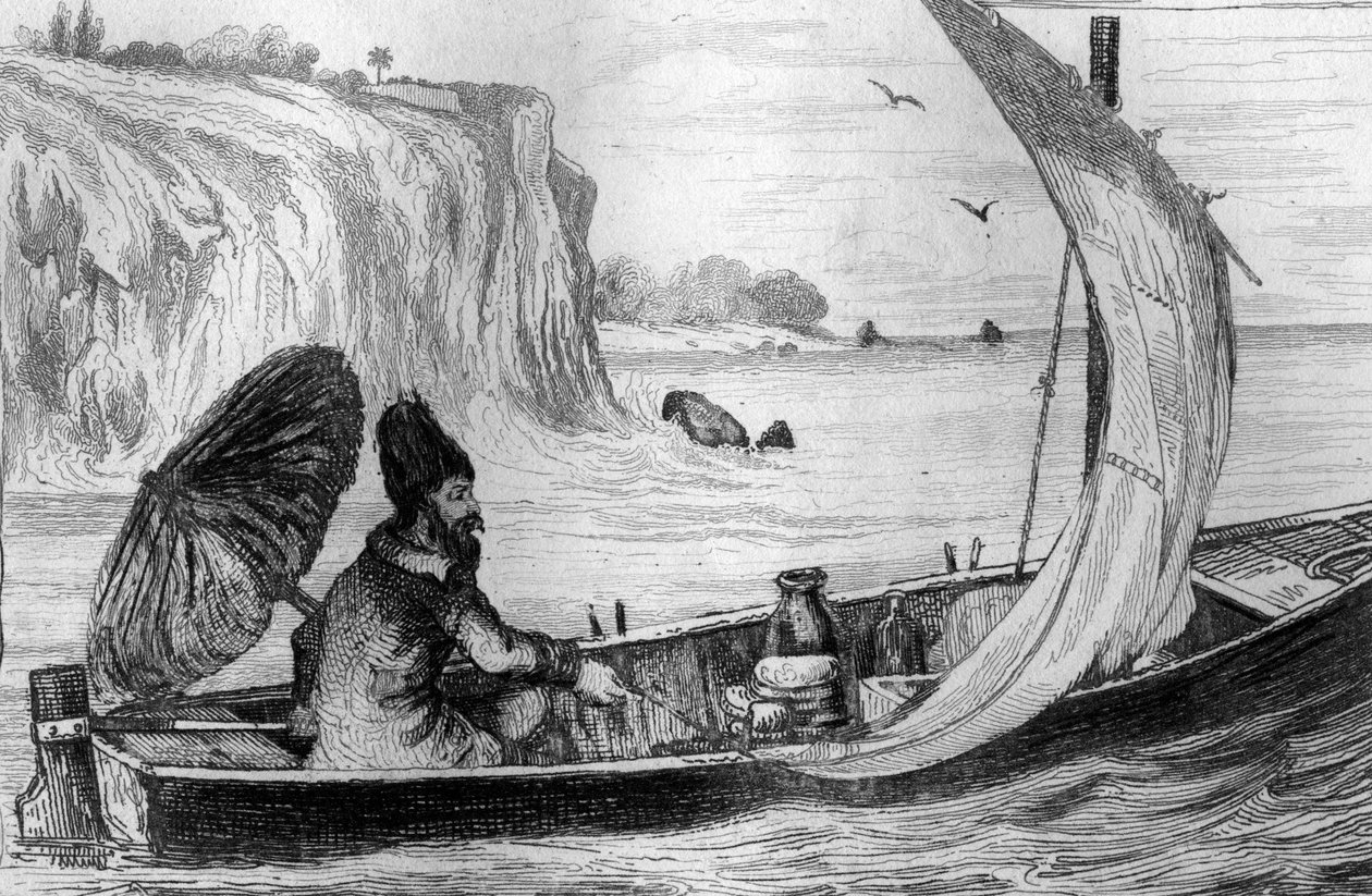Jag drevs av den nuvarande gravyren efter M. de Sainsons teckning för Daniel Defoes bok (De foe) "Robinson Crusoe"" fransk upplaga från 1837. av Louis Auguste de Sainson