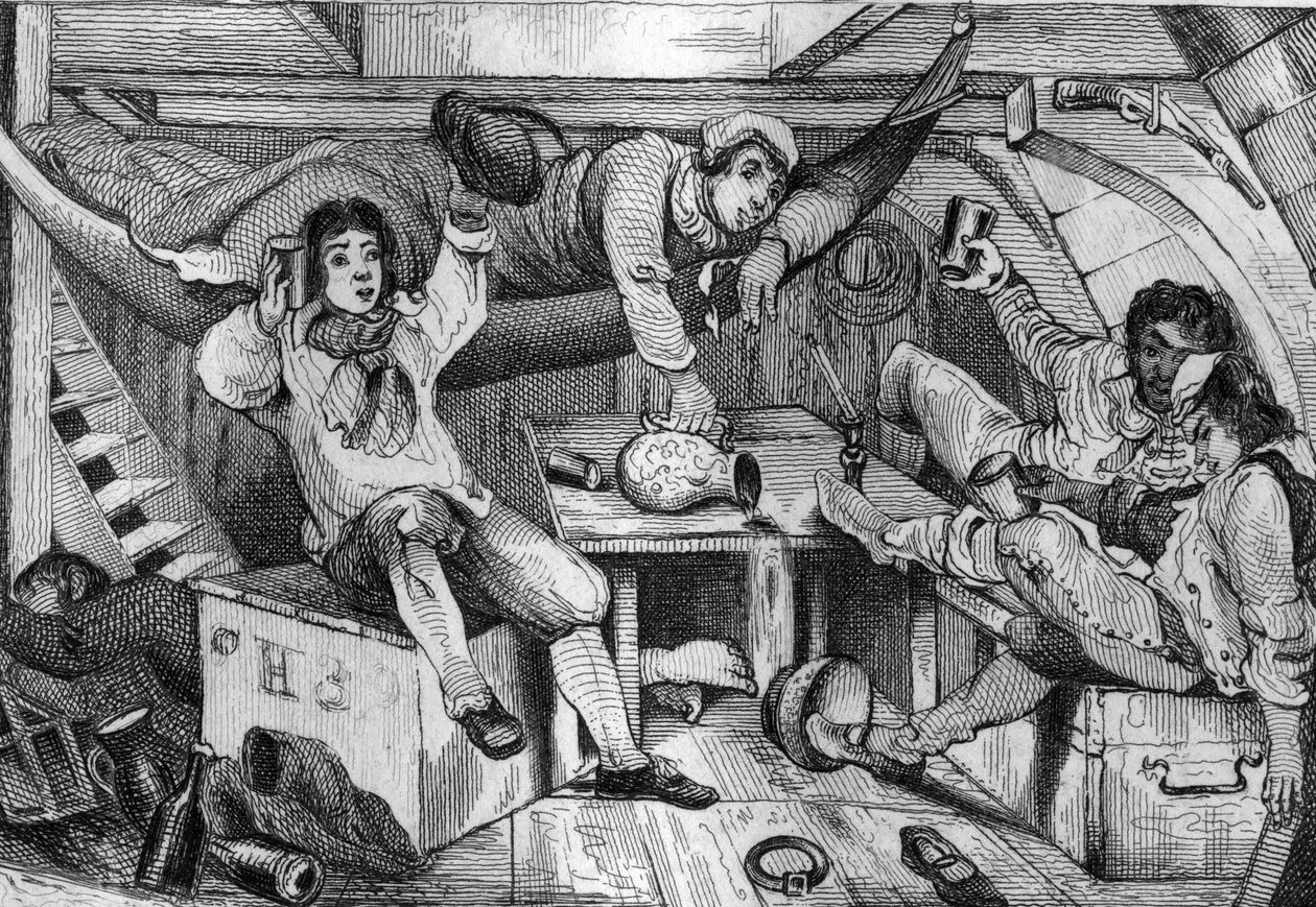 Jag var full och i en natt av utsvävningar dränkte jag alla mina ångerfulla... gravyr efter M. de Sainsons teckning för Daniel Defoes bok (De foe) “Robinson Crusoe”” fransk upplaga från 1837. av Louis Auguste de Sainson