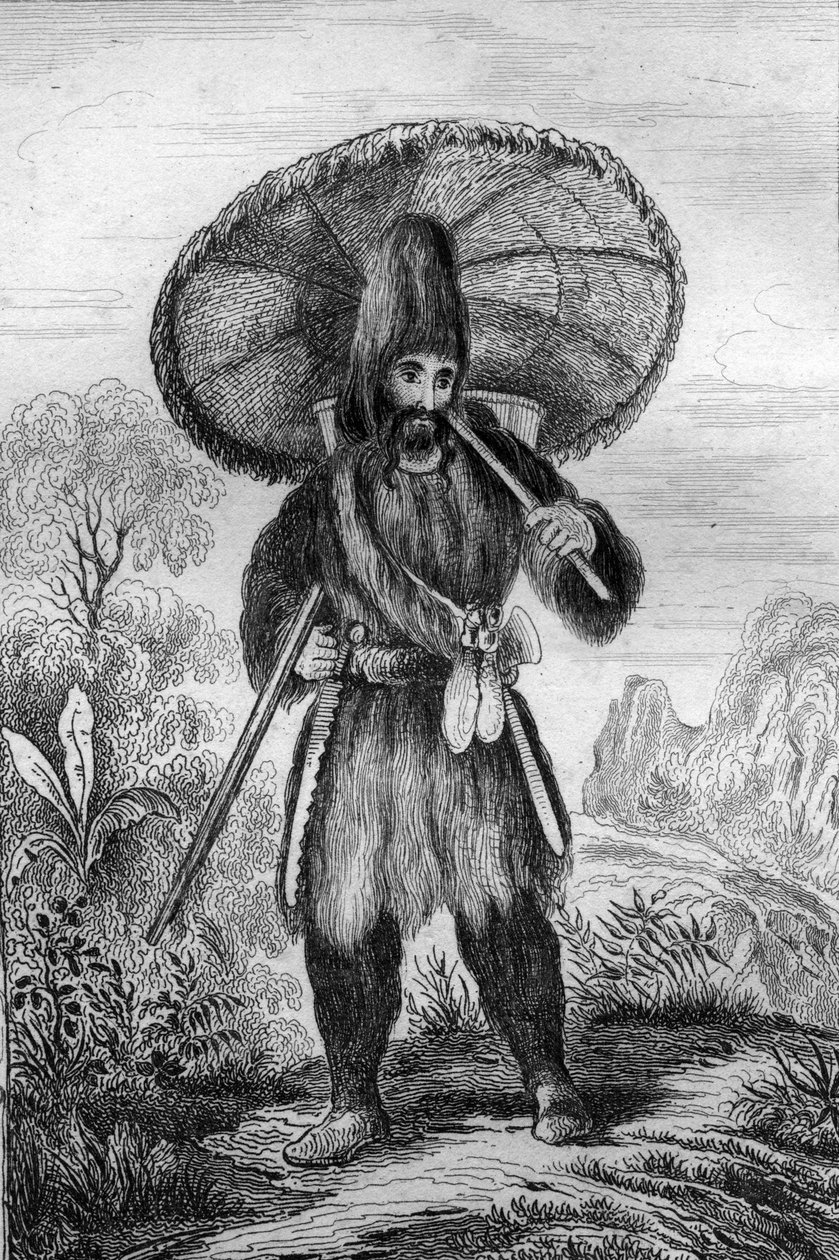 Jag bar en hatt av hög höjd... gravyr efter M. de Sainsons teckning till boken Daniel Defoe (De foe) "Robinson Crusoe"" fransk upplaga från 1837. av Louis Auguste de Sainson