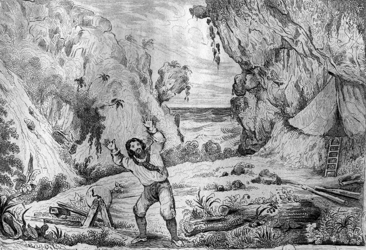 Tre gånger darrade terrängen under mina fötter gravyr efter M. de Sainsons teckning för Daniel Defoes bok (De foe) "" Robinson Crusoe"" franska upplagan från 1837. av Louis Auguste de Sainson