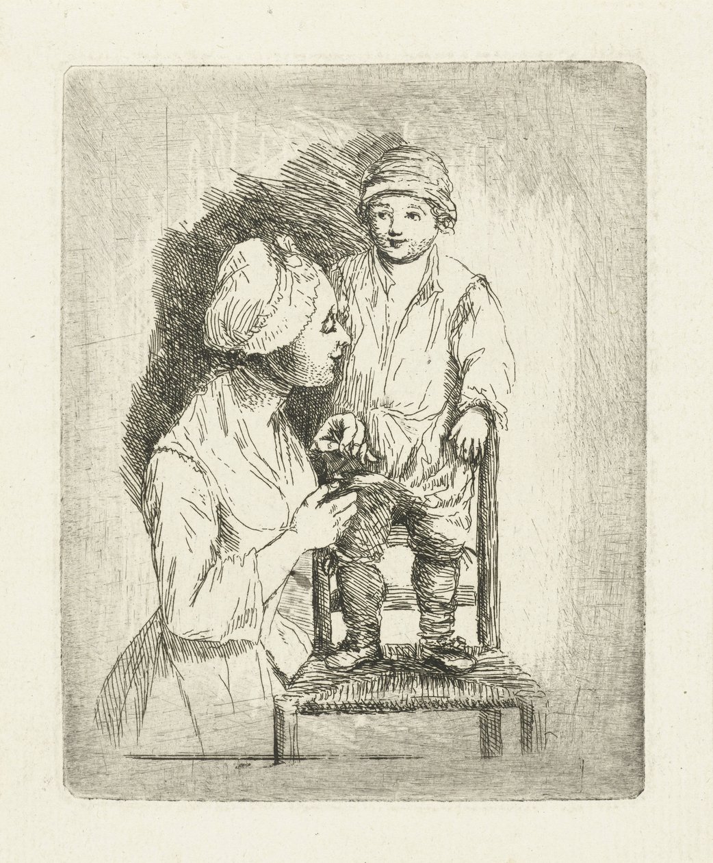 En mamma knäpper sin sons byxor av Louis Bernard Coclers