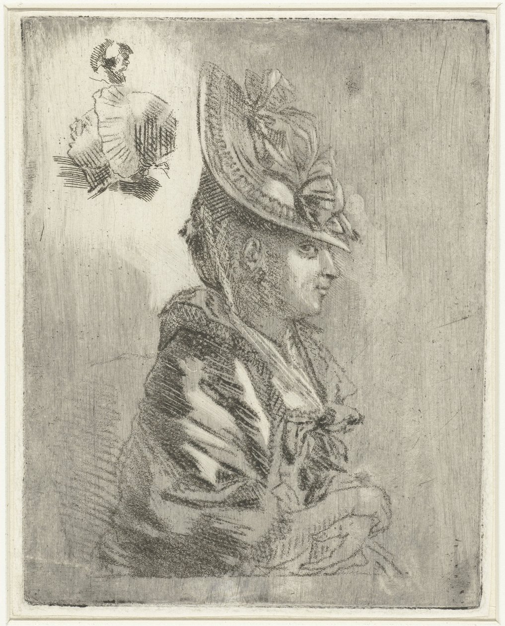 Studieblad med porträtt av en ung kvinna med hatt och två mindre porträtt av Louis Bernard Coclers