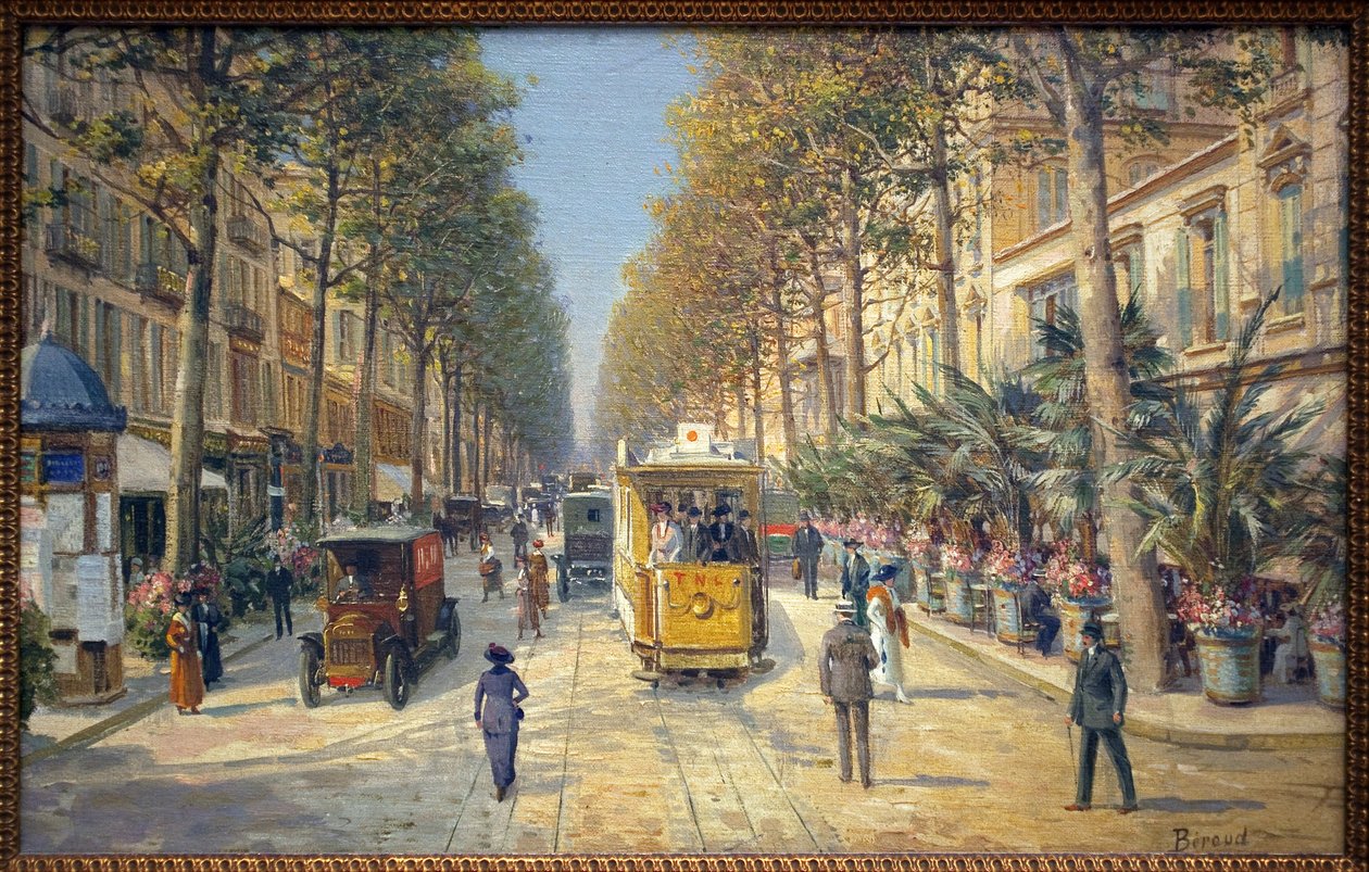 Avenue de la Gare i Nice (nuvarande avenue Jean Medecin). Det finns en Morris-kolumn till vänster. Målning av Louis Beroud (1852-1930), olja på duk, fransk konst, tidigt 1900-tal. Musee Massena, Nice. av Louis Beroud