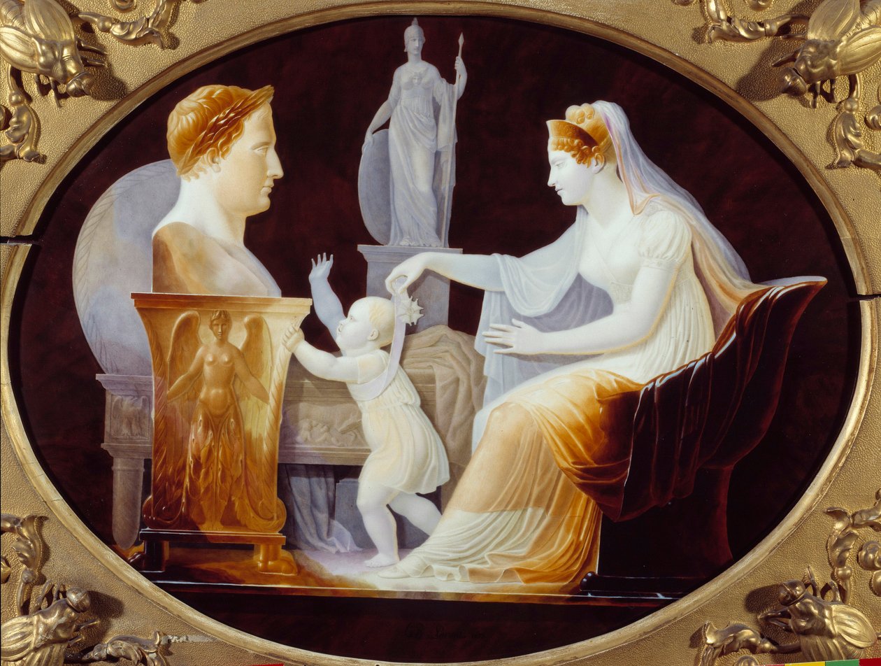 Impress Mary Louise vägleder de första stegen av kungen av Rom Napoleon II, hertig av Reichstadt (1811-1832), son till kejsar Napoleon I (1769-1821), framför bysten av sin far Porslinstallrik av Louis Bertin Parant (1768-1851) 1813 Paris. La Leg av Louis Bertin Parant