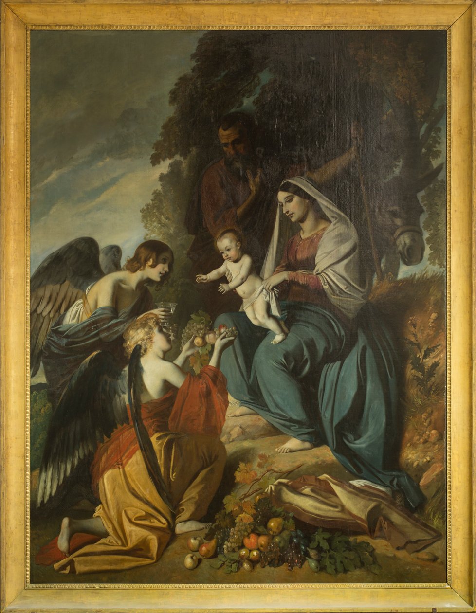 Änglar som matar den heliga familjen. Olja på duk av Louis Boulanger (1806-1867), långhus i katedralen Sens av Louis Boulanger