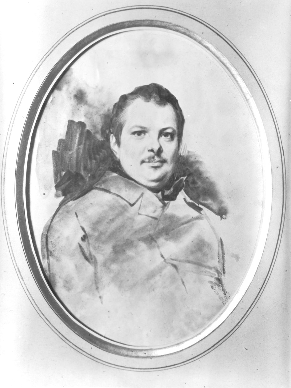 Porträtt av Honore de Balzac (1799-1850) c.1820 (bläck och tvätt på papper) av Louis Boulanger