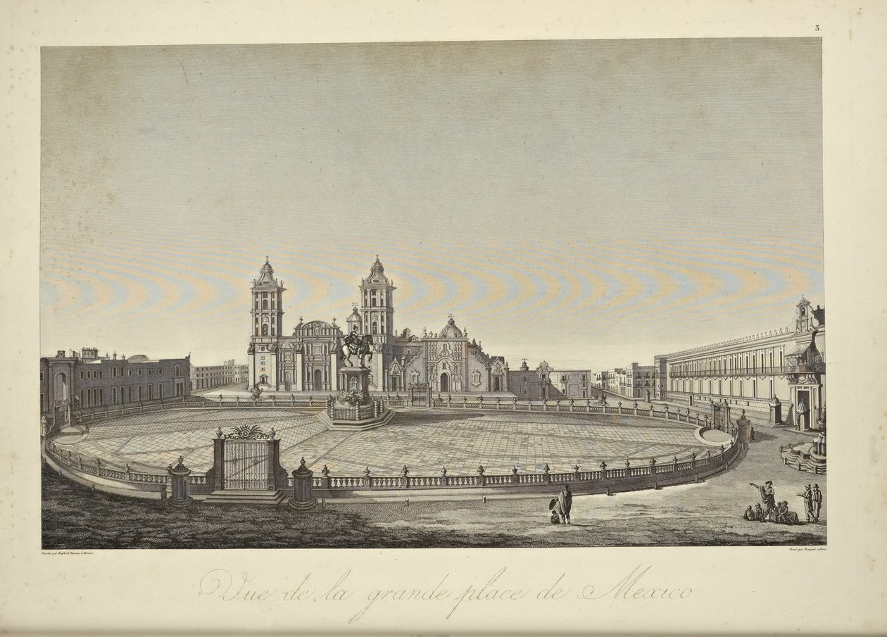 Utsikt över huvudtorget, Mexico City, illustration från "Views of the Cordilleras and Monuments of the Ursprungsbefolkning i Amerika" av Alexander von Humboldt och Aime Bonpland av Louis Bouquet
