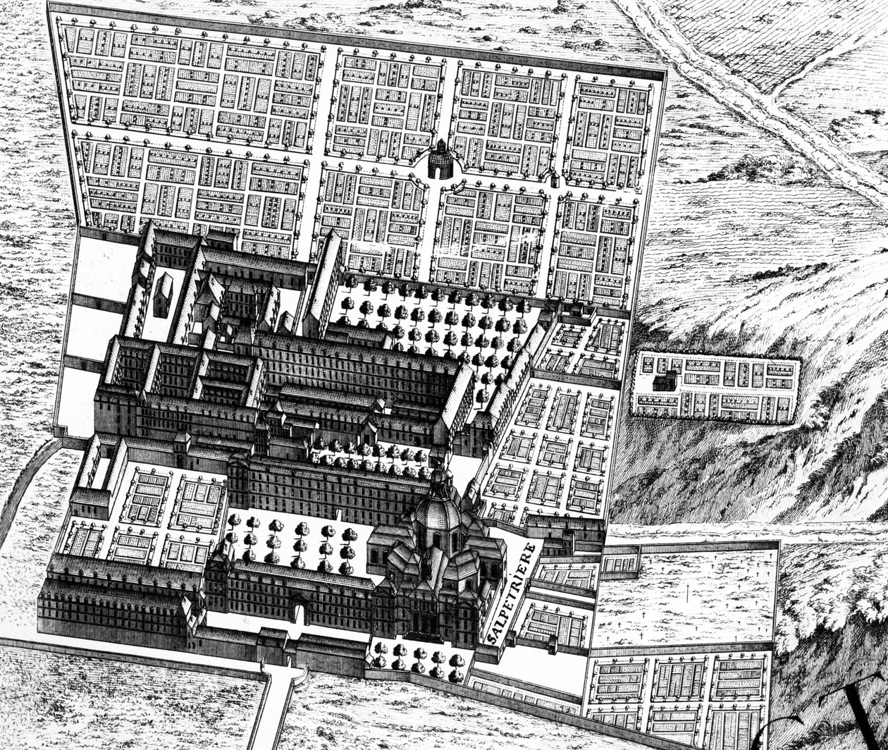 Sjukhuset La Salpêtrière, detalj från Parisplanen, känd som Plan de Turgot, graverad av Claude Lucas, 1734-39, gravyrdetalj av 233535 av Louis Bretez