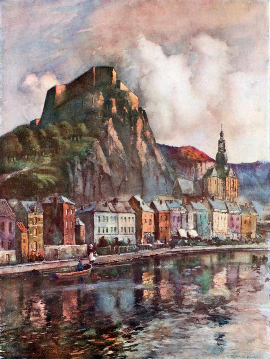 Vy över Dinant (färglitografi) av Louis Burleigh-Bruhl