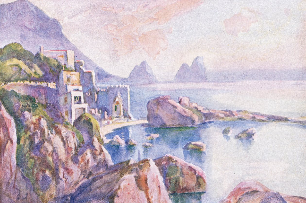 Ön Capri, från Hutchinsons pittoreska Europa publicerad av Hutchinson & Son, ca 1930 av Louis Burleigh Bruhl