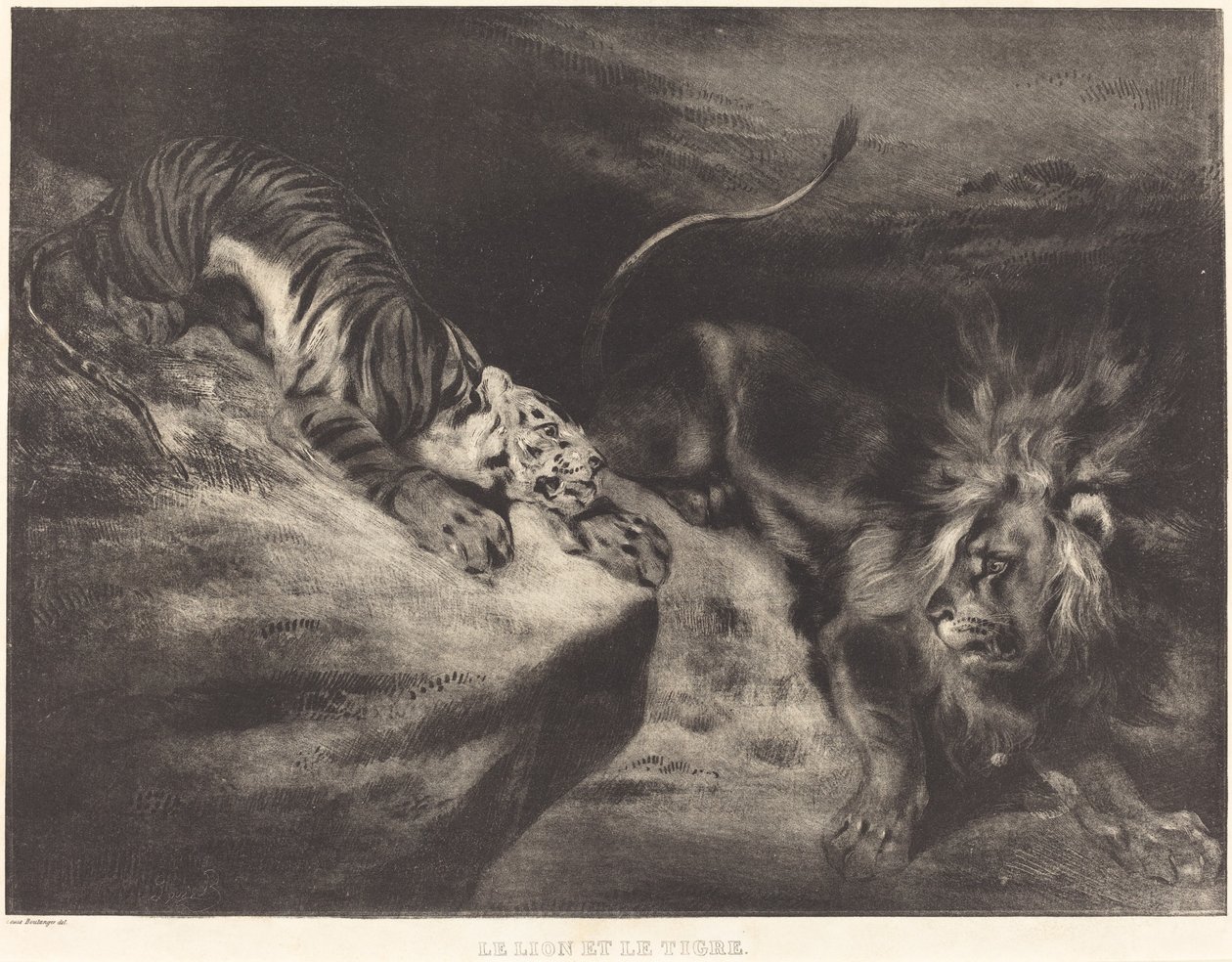 Lejonet och tigern av Louis Candide Boulanger after Eugène Delacroix