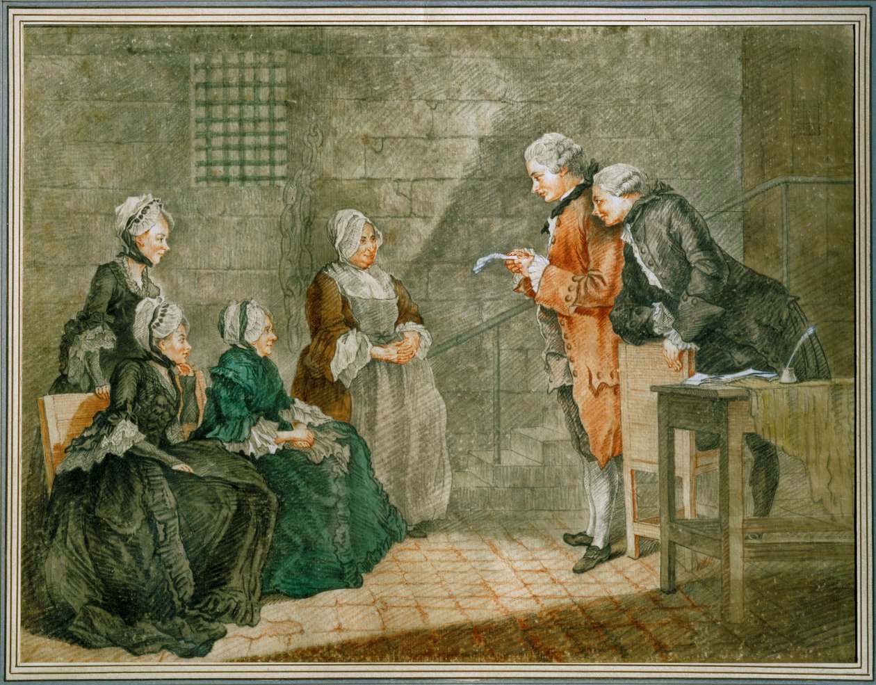 La malheureuse famille Calas - Änkan och barnen Calaslyssnar i Conciergerie-fängelset på upphävandet av domen mot fadern ... av Louis Carrogis