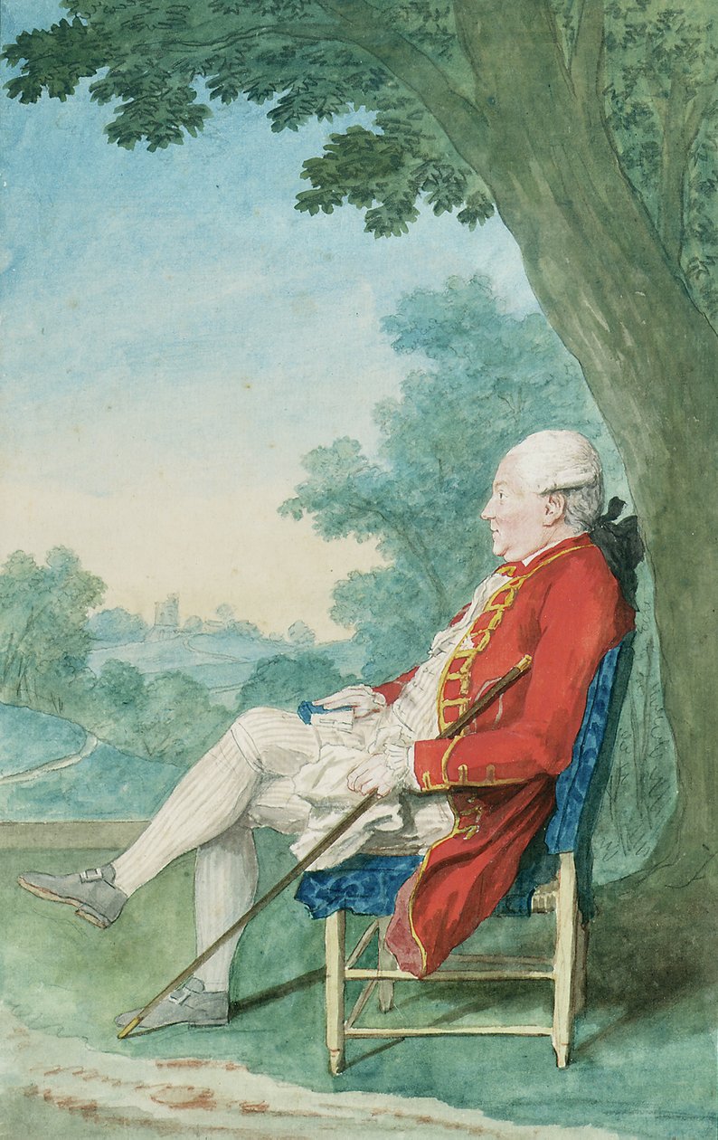 Mr. O"Flanagan sittande i profil till vänster i en park, 1771 av Louis Carrogis