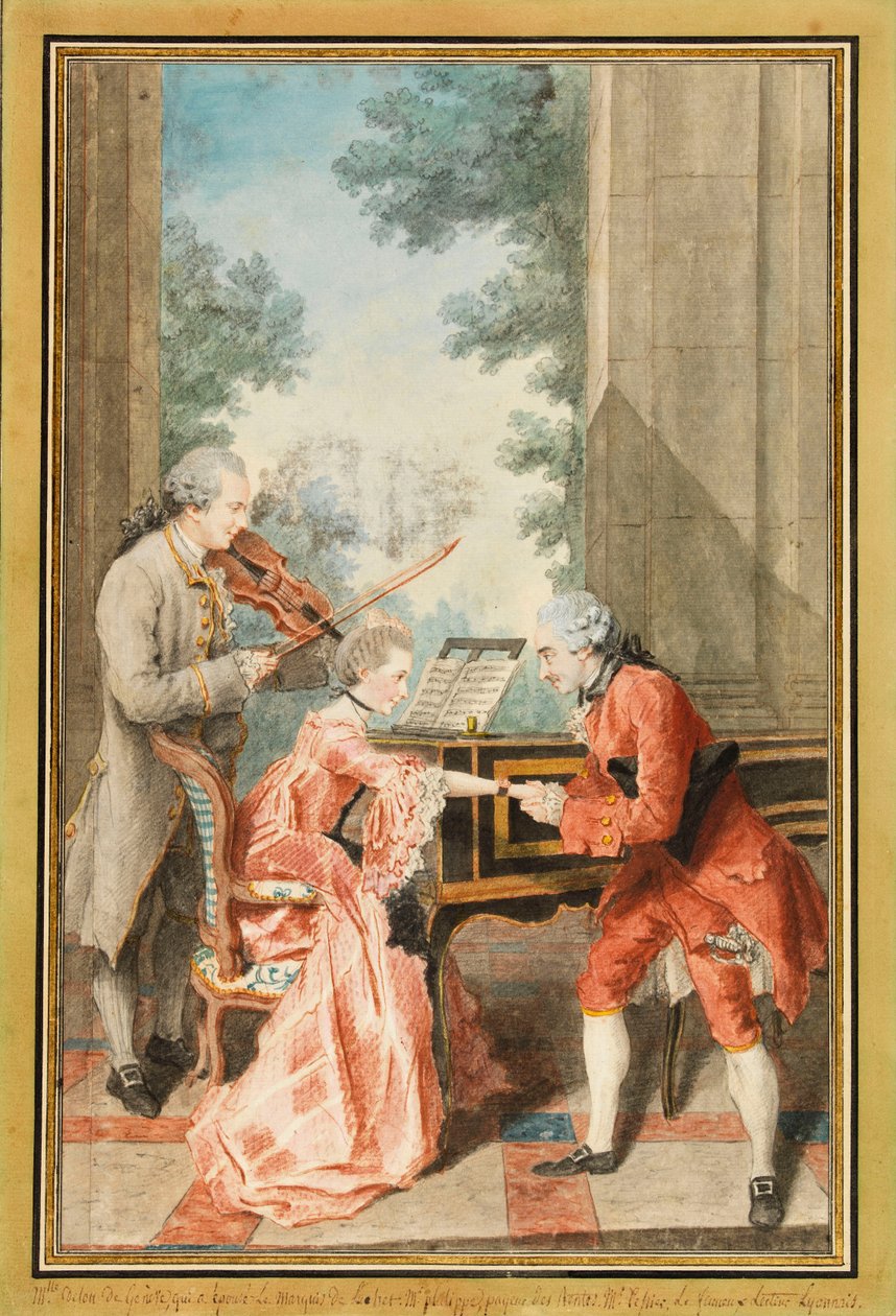 Mademoiselle Delong de Genève, Monsieur Philippe och Monsieur de Texier (akvarell) av Louis Carrogis Carmontelle