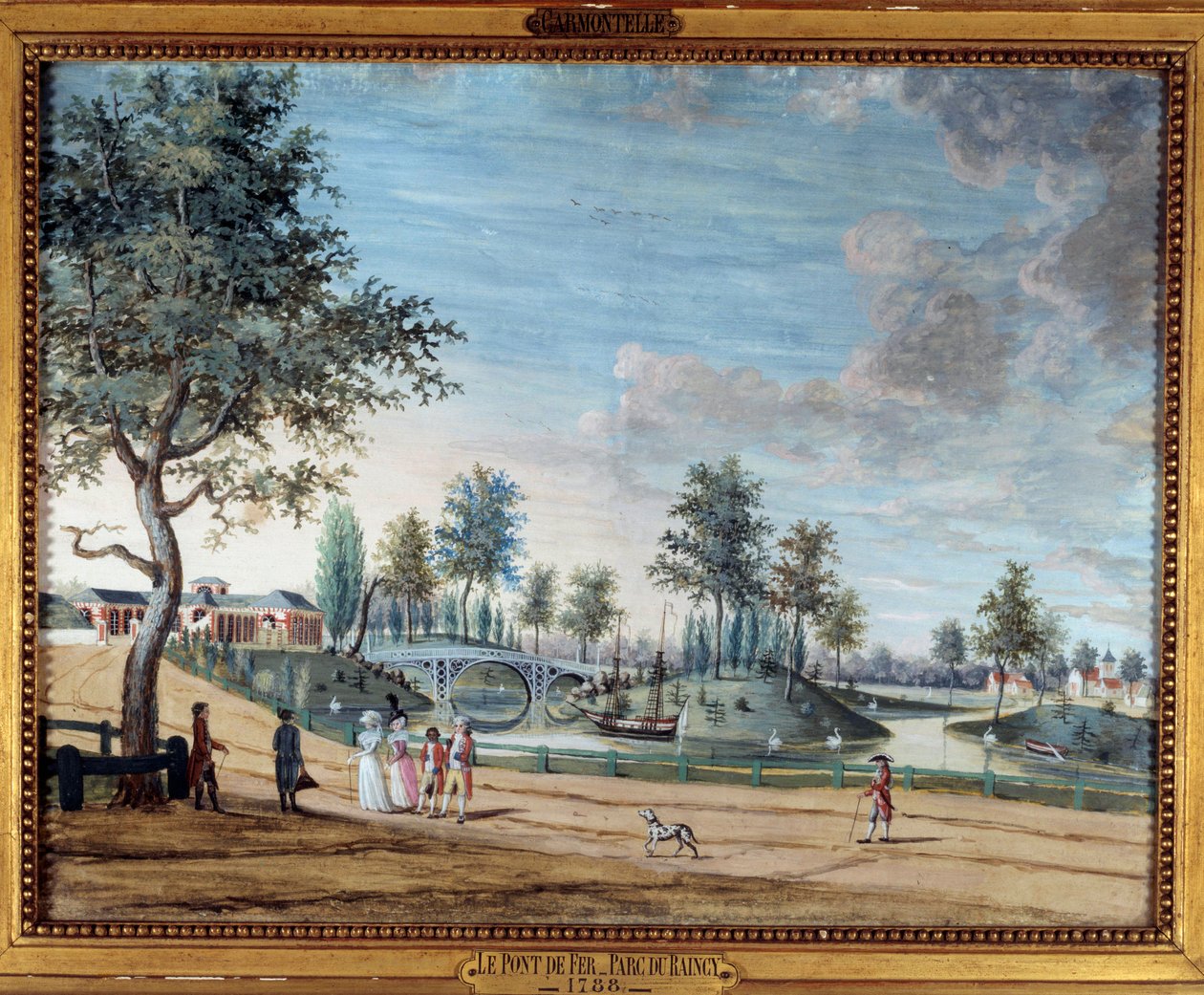 Vy över järnbron i Parc du Raincy av Louis Carrogis Carmontelle