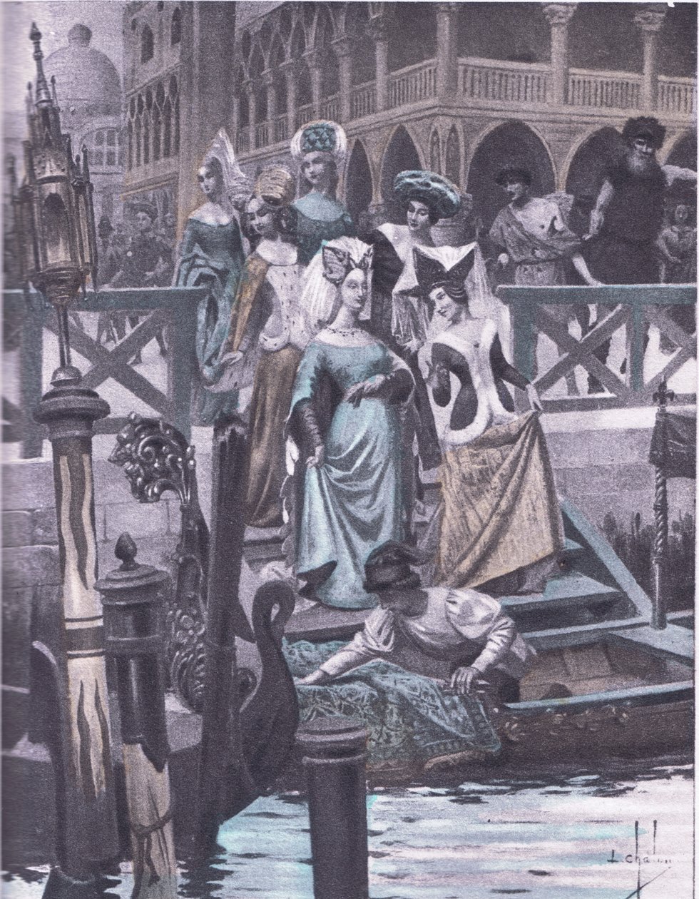 Gröna gäss, illustration från Decameron av Boccaccio publicerad av Navarre Society 1930-talet (litho) av Louis Chalon