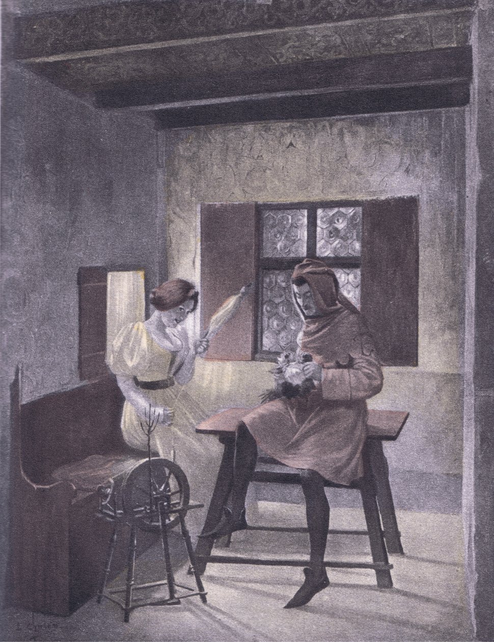 Simona spinning, illustration från Decameron of Boccaccio publicerad av Navarre Society 1930-talet (litho) av Louis Chalon
