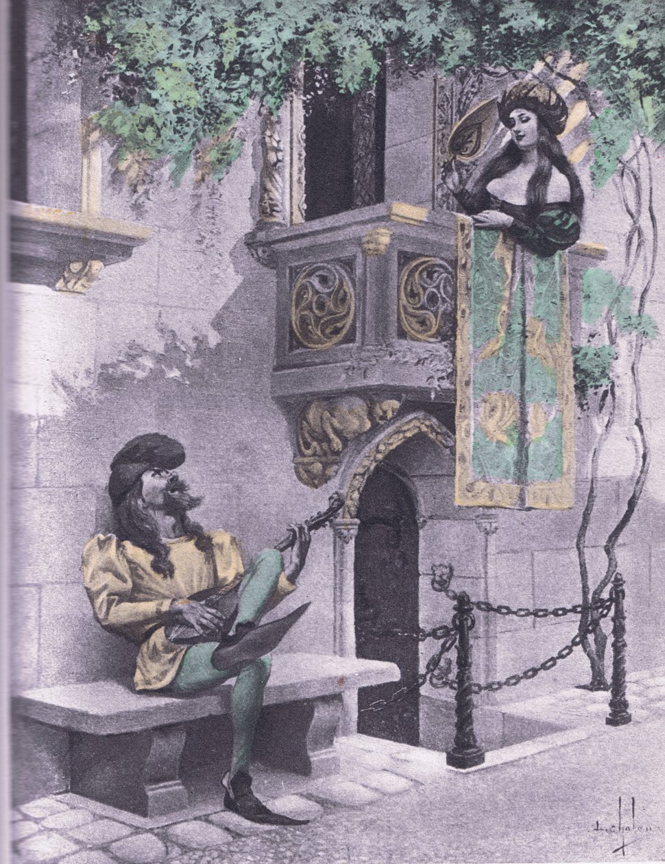 Den dåraktiga älskaren, illustration från Decameron of Boccaccio publicerad av Navarre Society 1930-talet (litho) av Louis Chalon