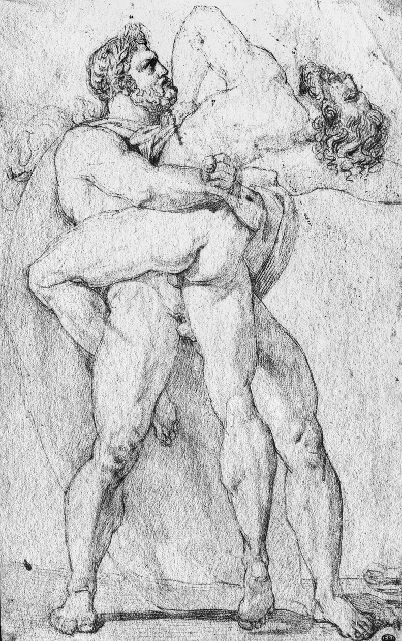 Hercules stryper Antaeus (grafitpenna på papper) av Louis Charles Auguste Couder