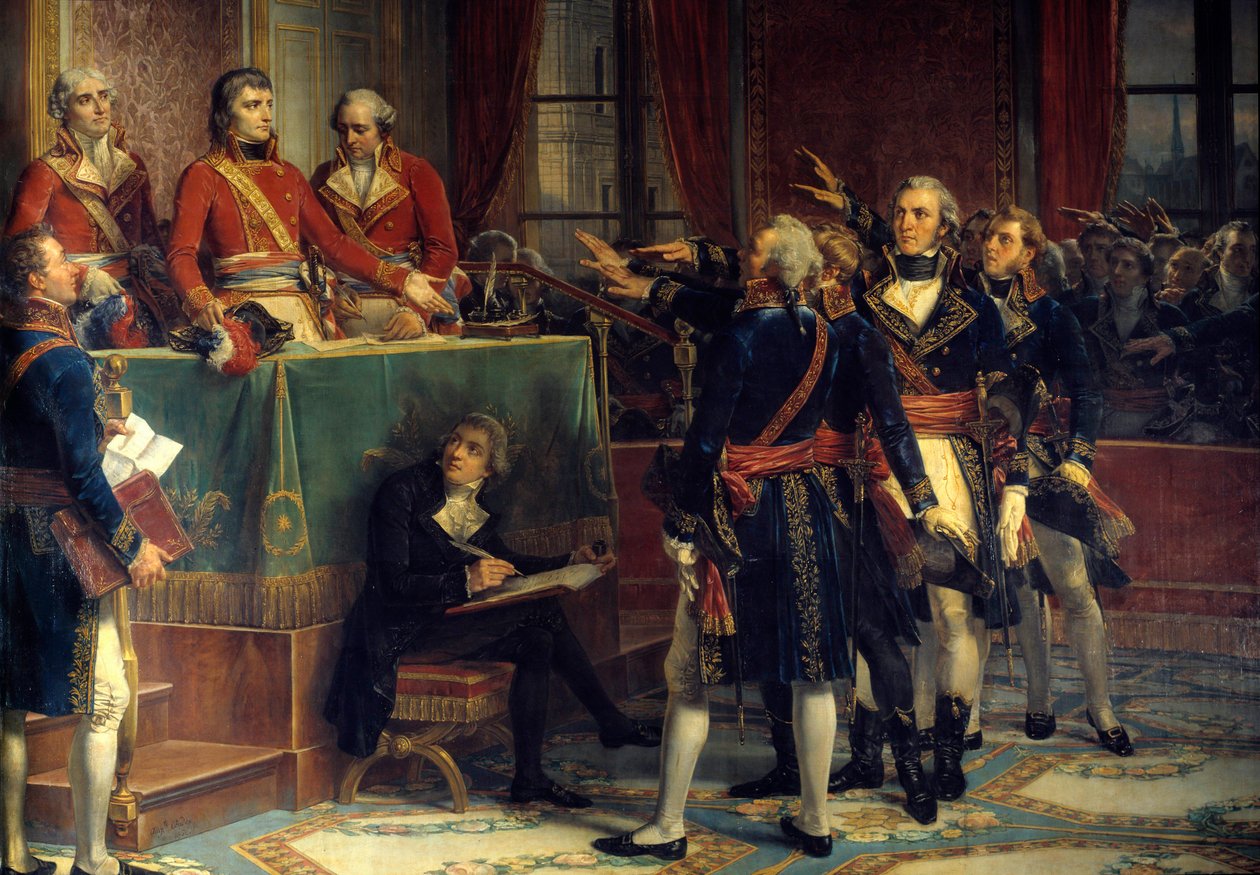 De tre konsulerna: Bonaparte, Cambaceres och Lebrun som tar emot presidenternas eder Till höger, Emmanuel-Joseph (Emmanuel Joseph) Sieyes (1748-1836) och Pierre-Roger (Pierre Roger) Ducos (Roger Ducos) (1747-1816). Målning av Louis Charles Auguste Coud av Louis Charles Auguste Couder