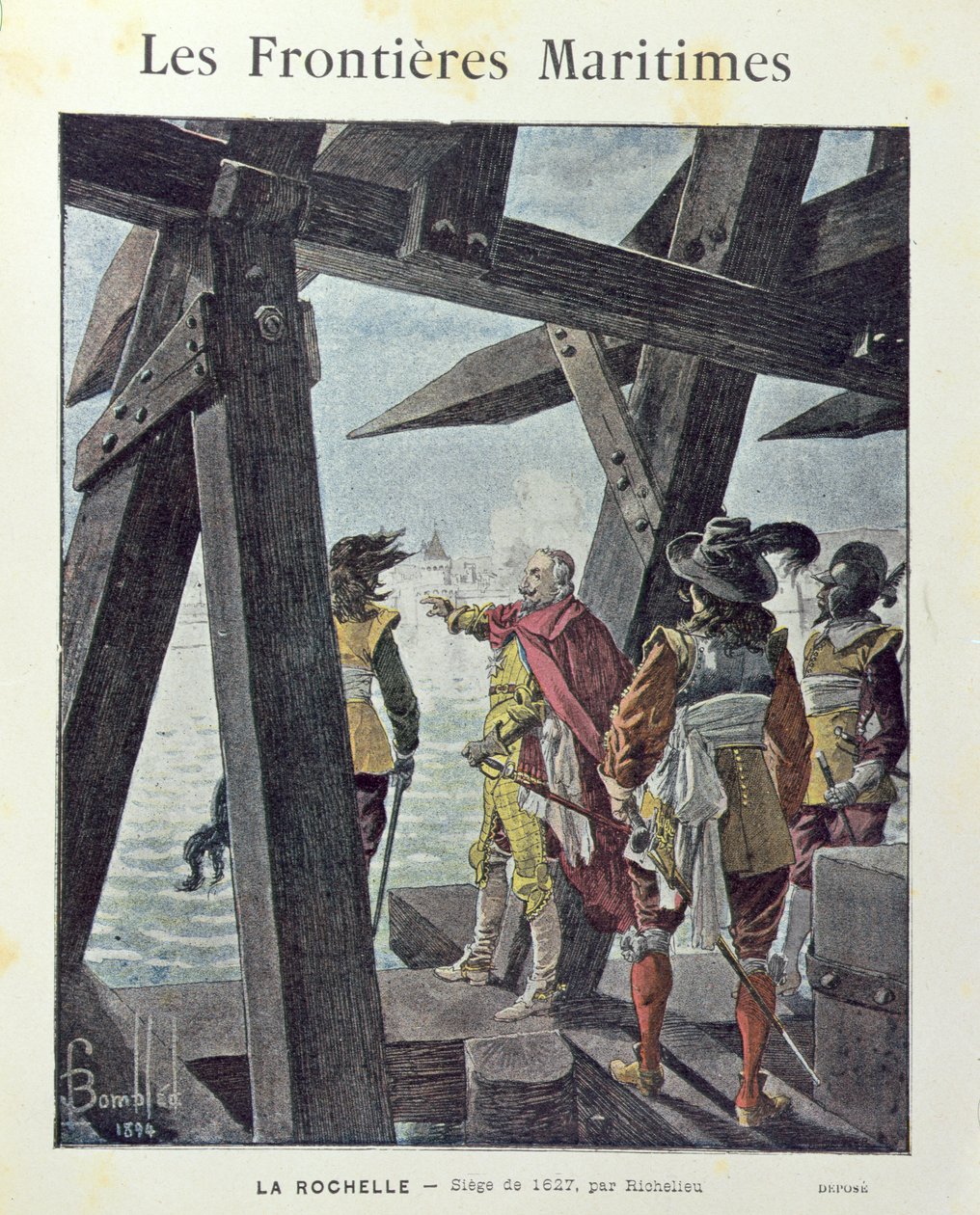 Armand-Jean du Plessis, kardinal de Richelieu (1585-1642) vid belägringen av la Rochelle 1627, omslag till skolövningsbok ca. 1894 av Louis Charles Bombled