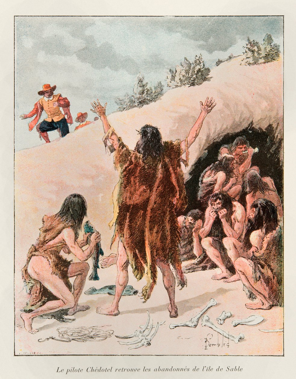 bombade Louis (1862 - 1927); Chedotel-piloten hittade den övergivna Sable Island 1603 (överlevande från 1598 års expedition av Marquis de la Roche, på en ö nära Newfoundland); Eugene Guenins historia om det nya Frankrike - 1900 - Coll, del. av Louis Charles Bombled