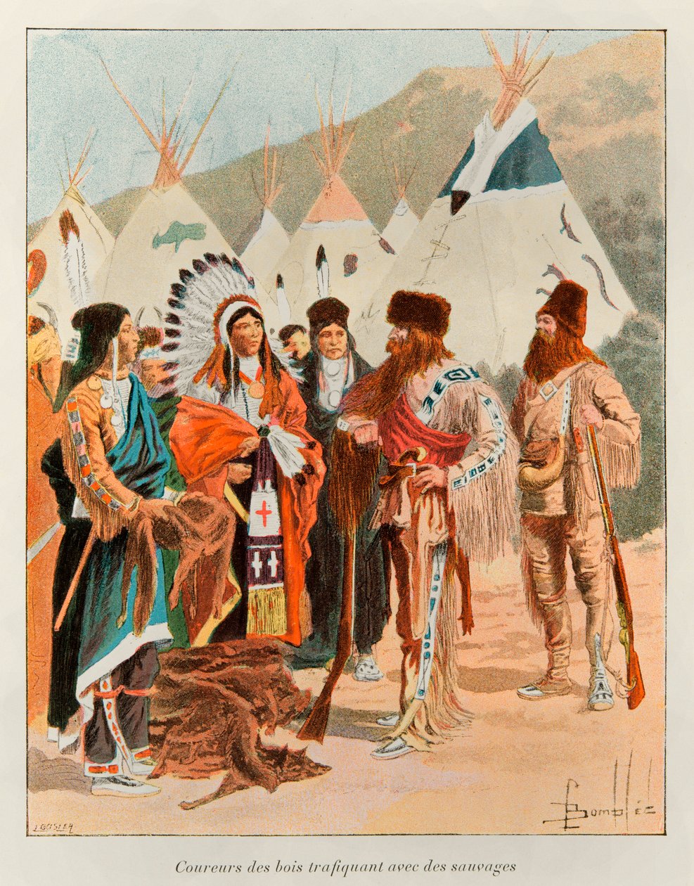 bombade Louis (1862 - 1927); Coureur des bois människohandlare med vildar på 1700-talet (fångare i Kanada); History of New France av Eugene Guenin - 1900 - Coll, del. av Louis Charles Bombled