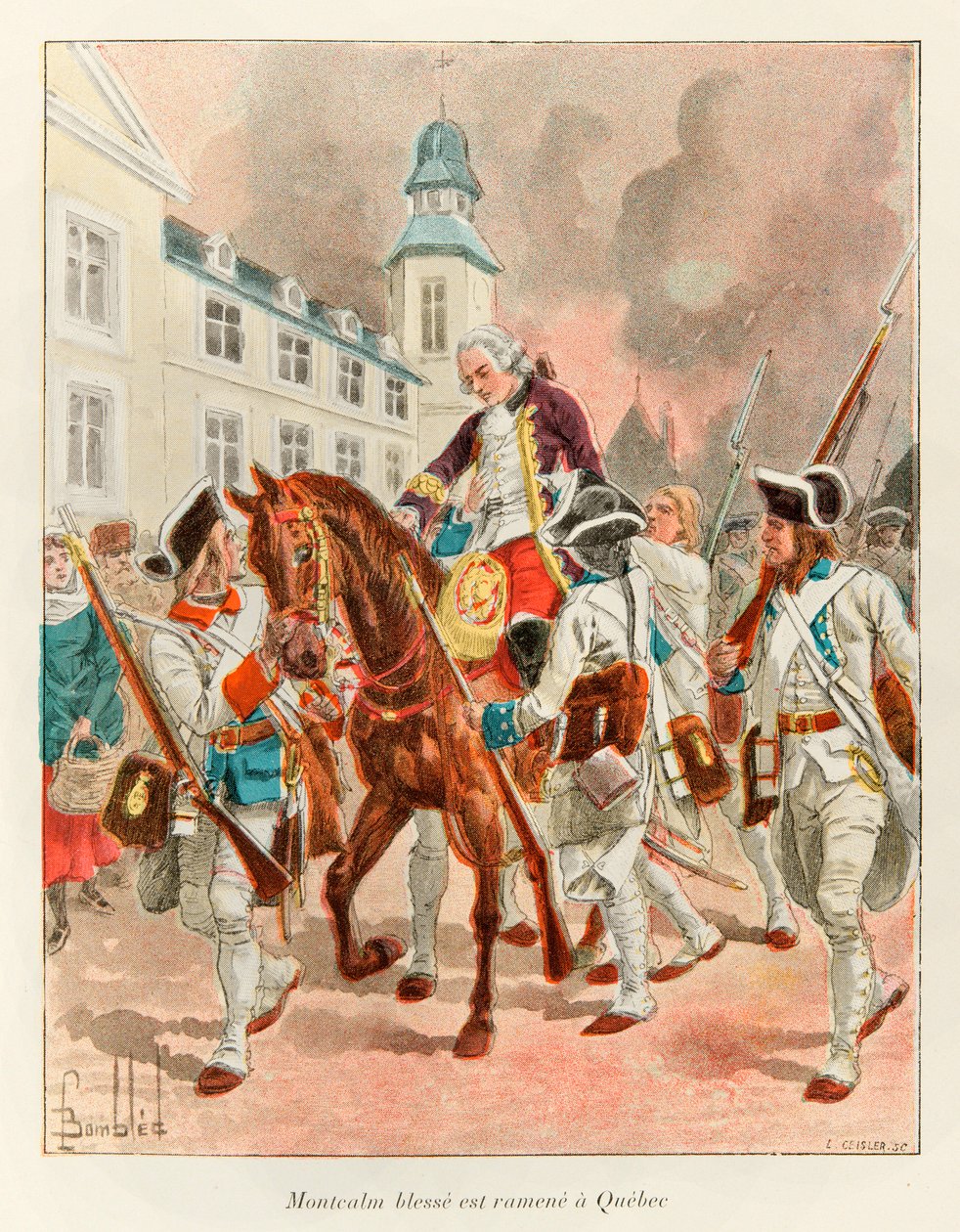 bombade Louis (1862 - 1927); General Louis Joseph (Louis-Joseph) från Montcalm (1712-1759) skadad returnerades till Quebec efter slaget vid Abrahams slätter den 13 september av Louis Charles Bombled