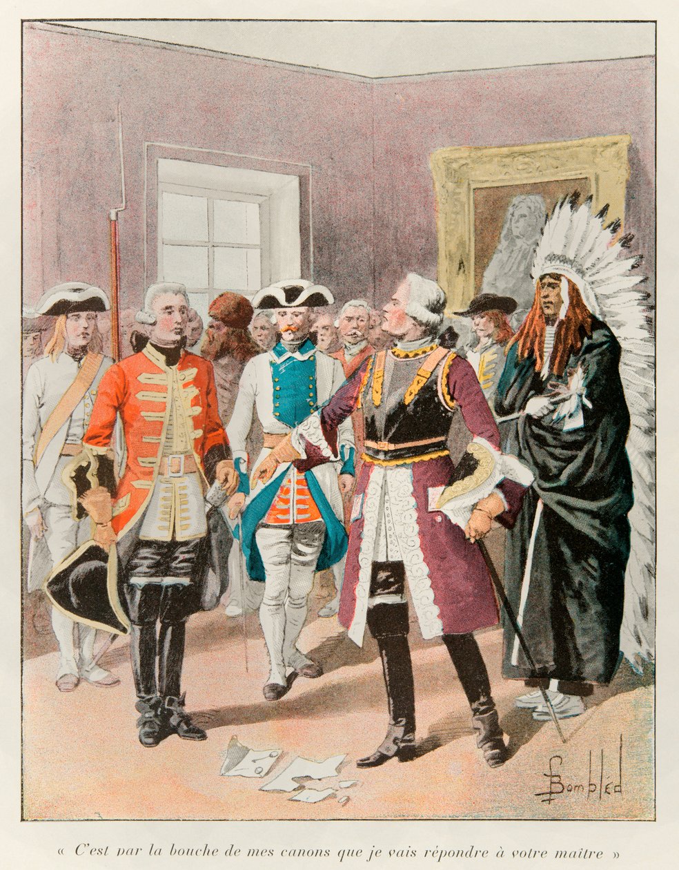 bombade Louis (1862 - 1927); Louis de Frontenac (1622-1698) som tog emot den engelska utsände som kallade honom att överlämna staden Quebec utan kamp 1690 svarade honom "" det är genom munnen av mina vapen som jag kommer att svara din herre ""; Histoire de av Louis Charles Bombled