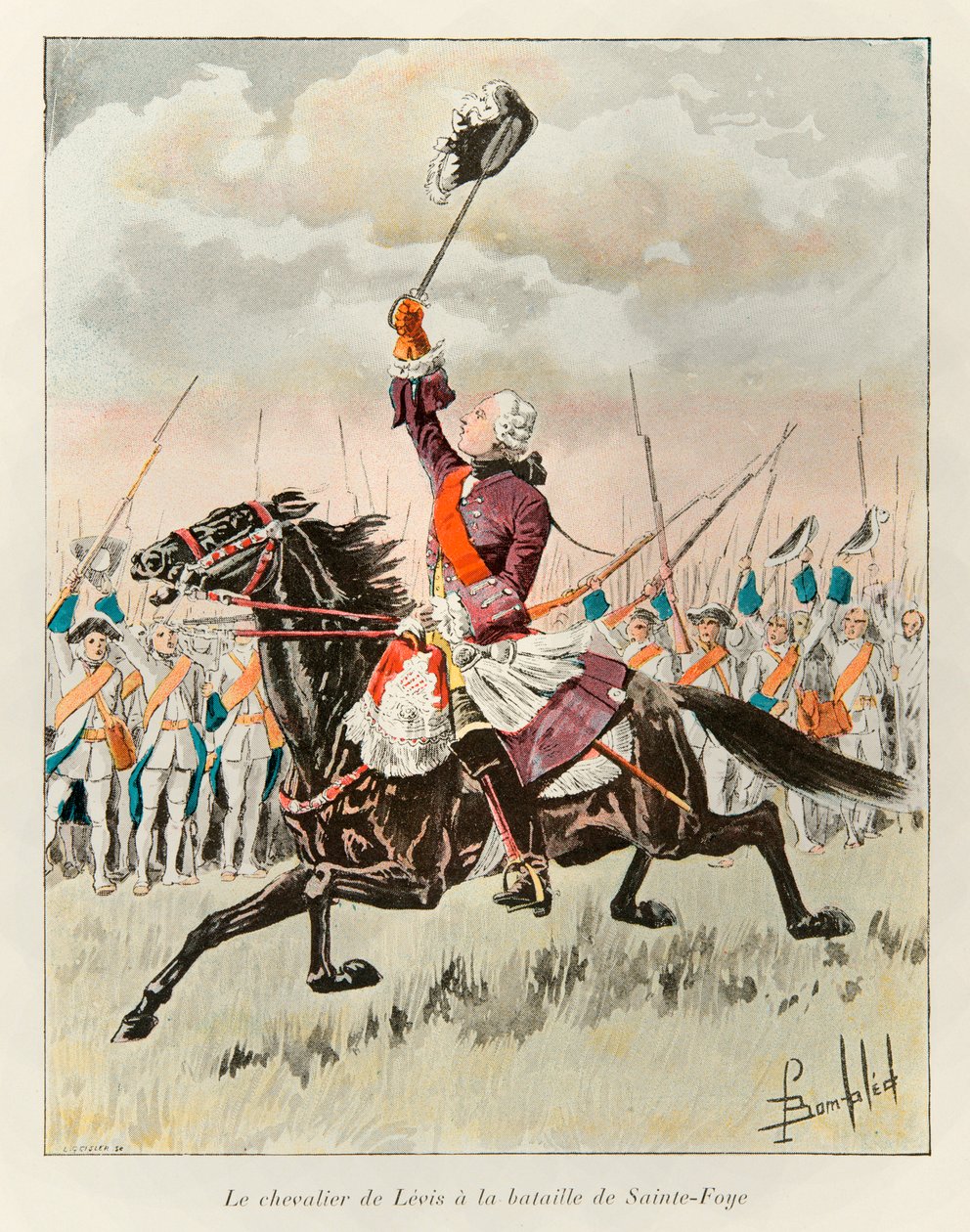 bombade Louis (1862 - 1927); Chevalier de Levis (Francois Gaston de Levis 1719 - 1787) vid slaget vid Sainte Foy 1760 mot engelsmännen; Eugene Guenins historia om det nya Frankrike - 1900 - Coll, del. av Louis Charles Bombled