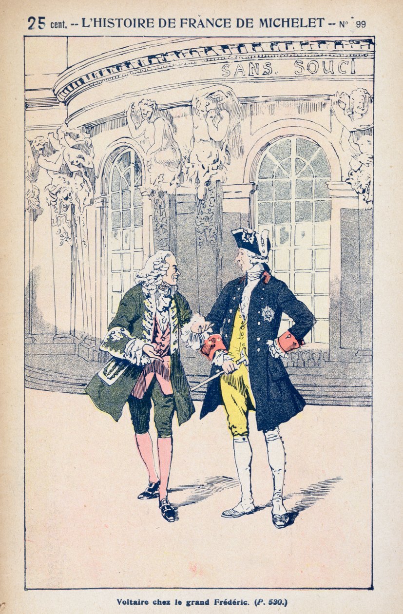 Francois Voltaire (1694-1778) med kung Fredrik II av Preussen (1712-86) i Sanssouci nära Potsdam, ur "Histoire de France" av Jules Michelet (1798-1874) omkring 1900. av Louis Charles Bombled