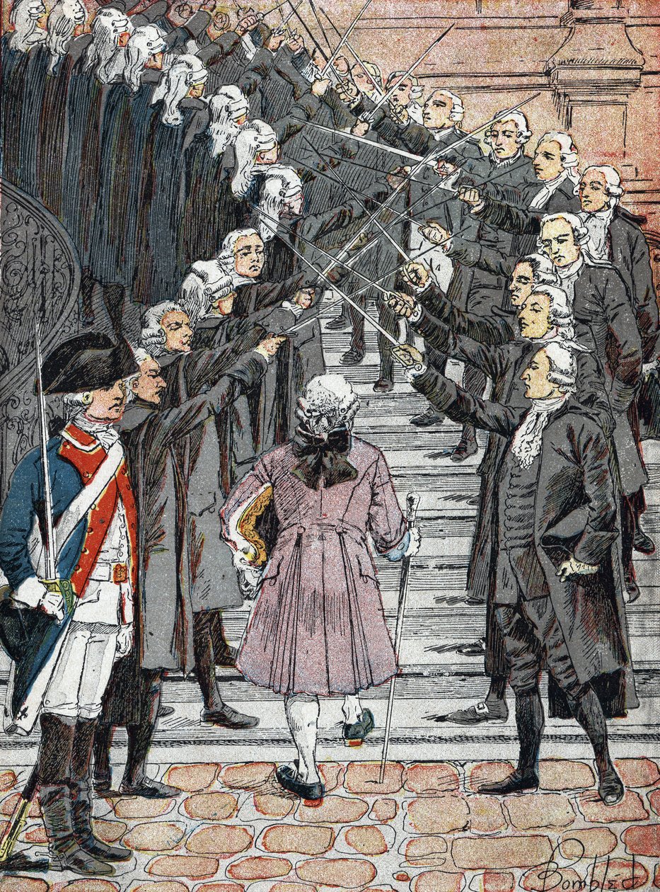 Franska revolutionen: Frankrikes kung Ludvig XVI kallad att komma till stadshuset i Paris korsar vakternas "stålvalv" av Louis Charles Bombled